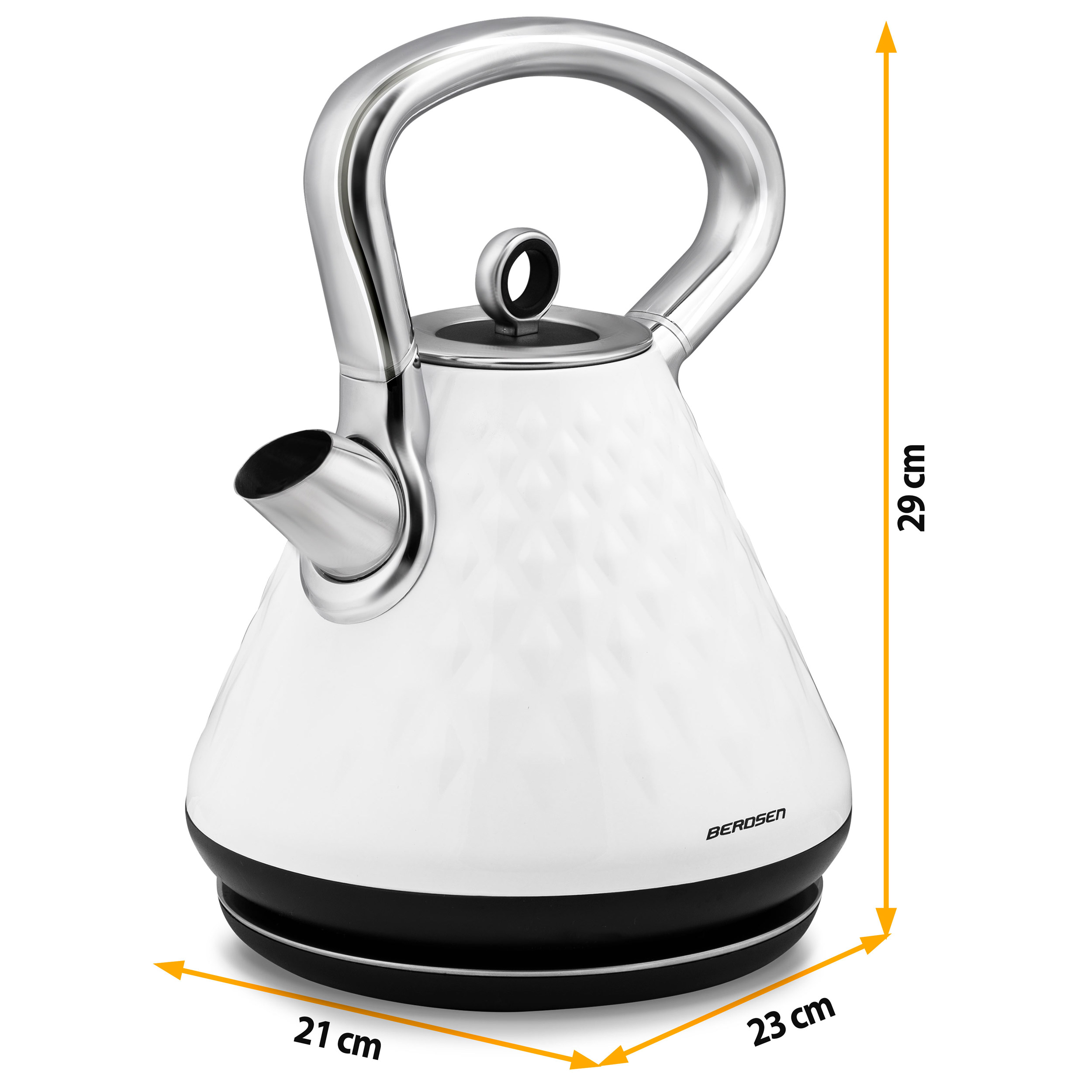 Biały czajnik z dużym uchwytem i wymiarami, z czarną podstawą.