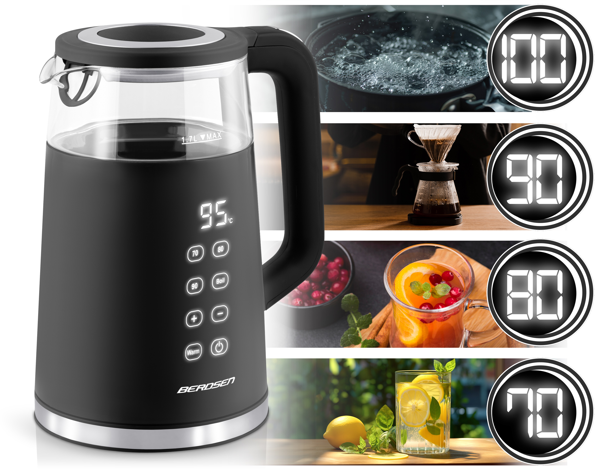 Czarny czajnik elektryczny ze szklanym korpusem. Wyświetla temperatury: 70, 80, 90 i 100 stopni Celsjusza.