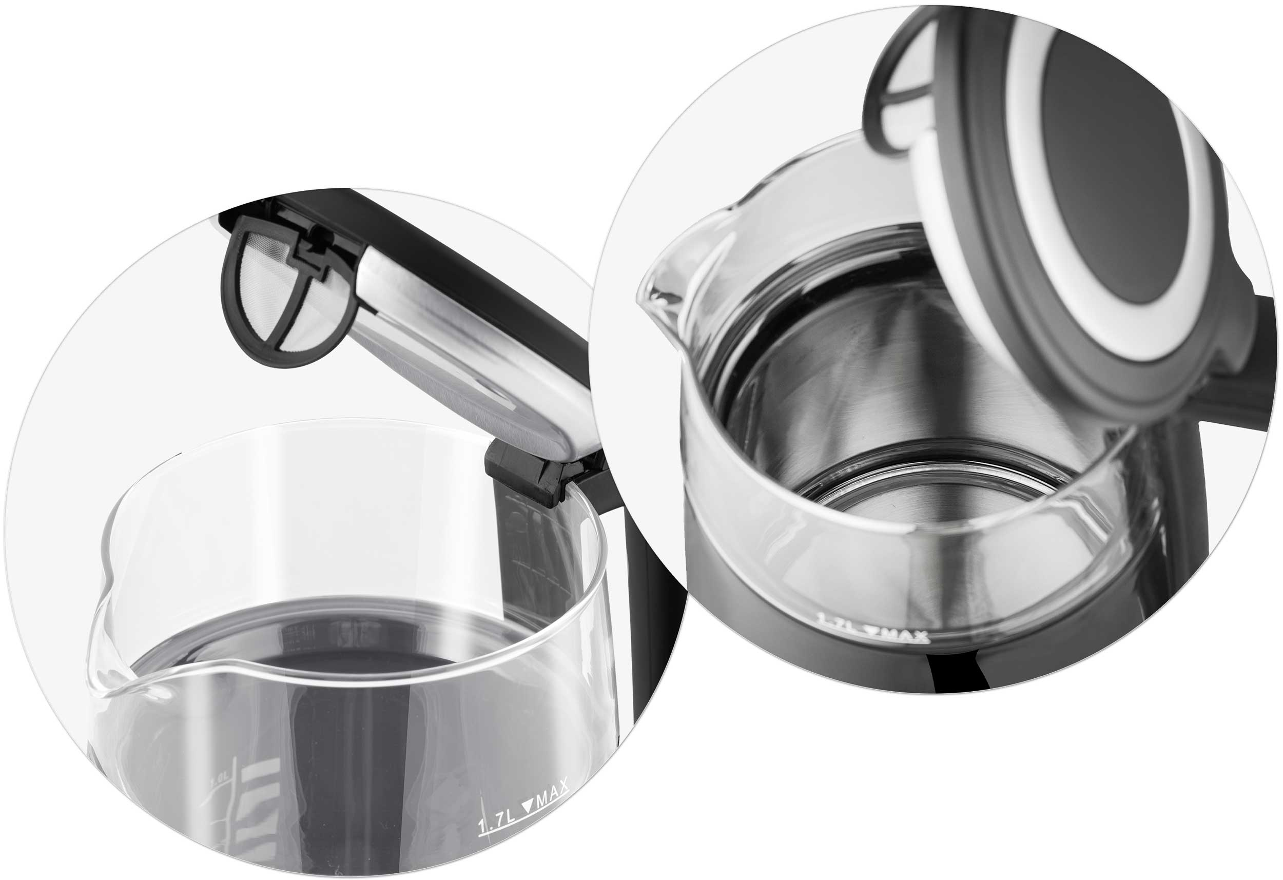 Dwa nakładające się obrazy: szklany czajnik z otwartą pokrywą po prawej stronie i górna część czajnika z filtrem po lewej stronie.