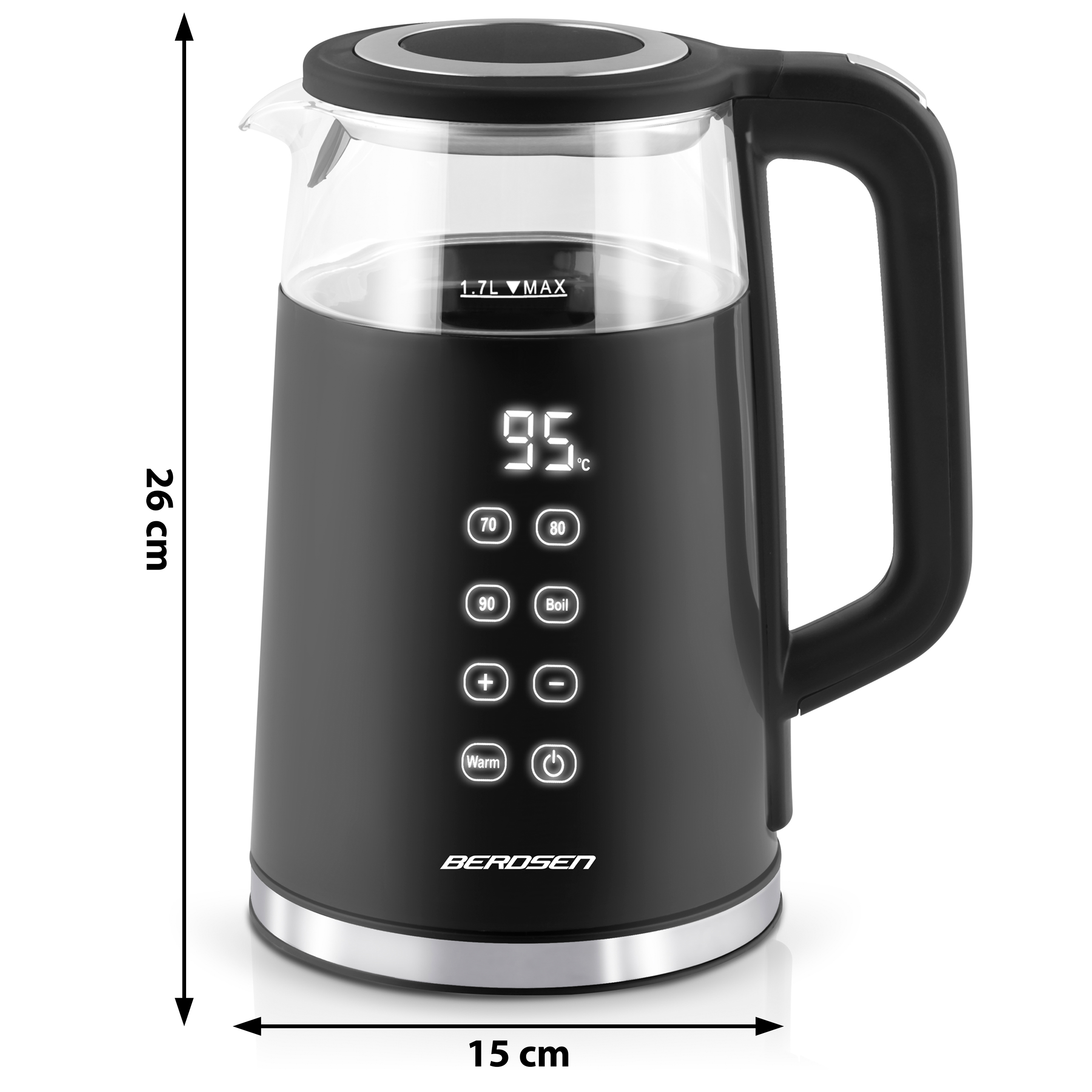 Wysoki, czarny szklany czajnik z cyfrowym sterowaniem. Wymiary są wskazane: 26 cm wysokości i 15 cm szerokości.