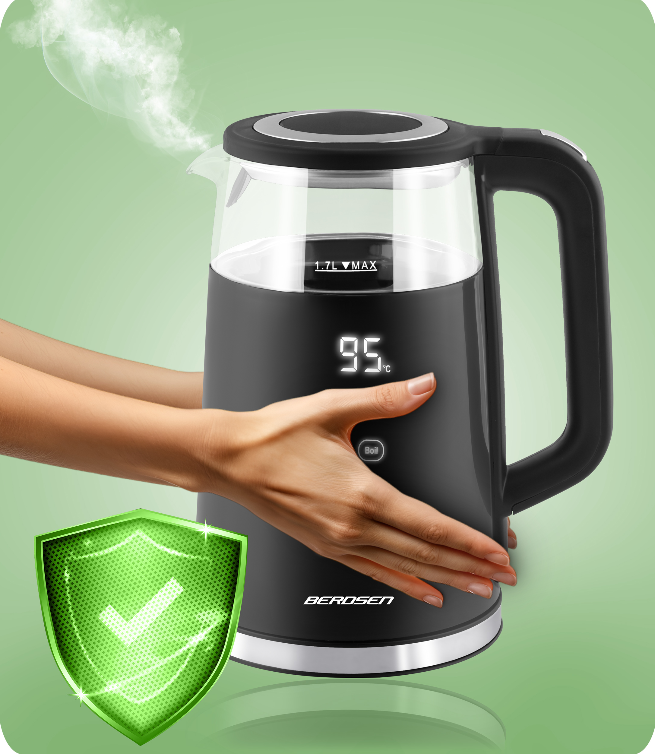 Czarny czajnik z cyfrowym wyświetlaczem i zieloną ikoną tarczy. Ręka trzyma czajnik, para unosi się na zielonym tle.