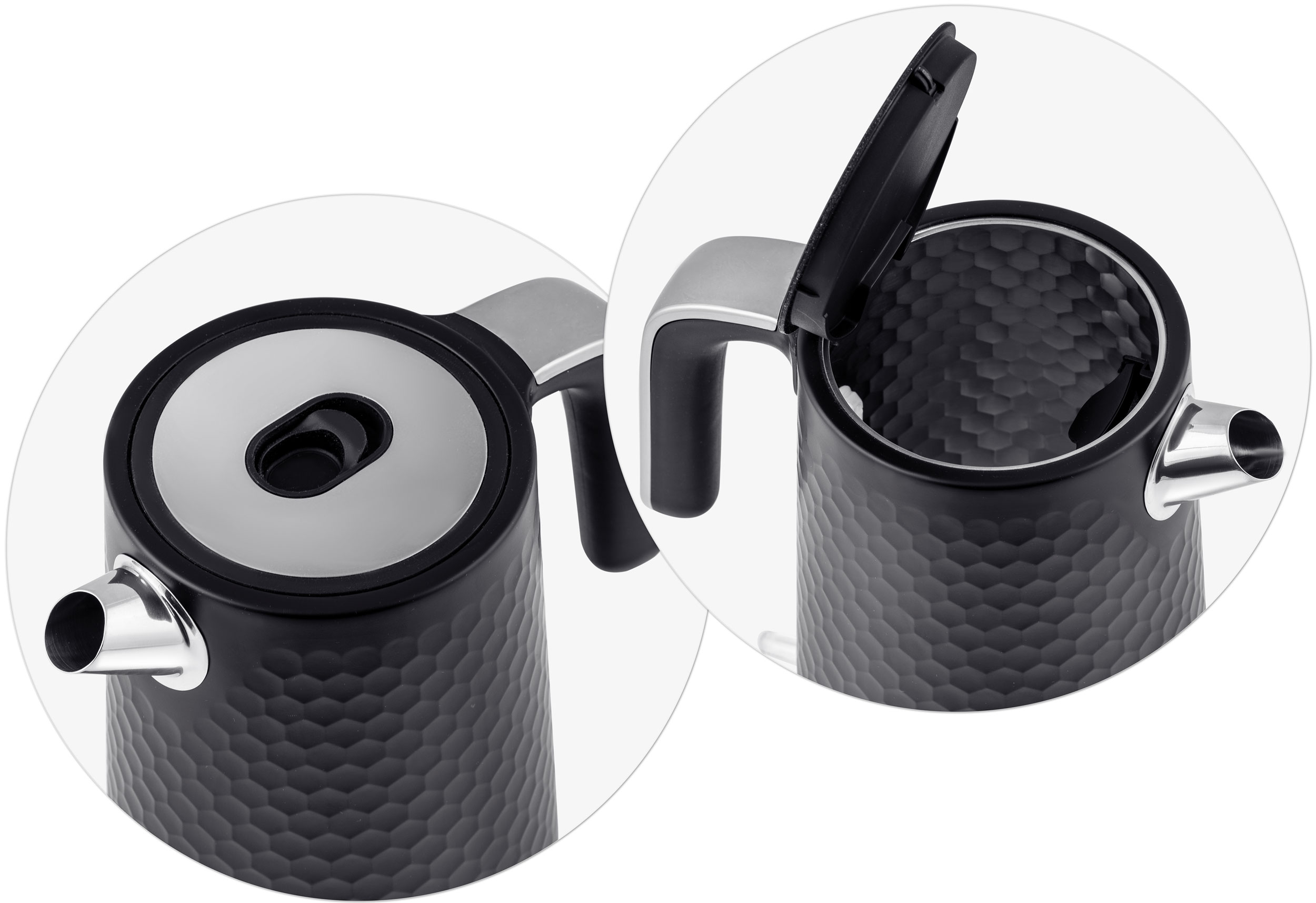 Dwa widoki czarnego czajnika, jeden zamknięty i jeden otwarty. Oba mają wzór plastra miodu i srebrne akcenty.
