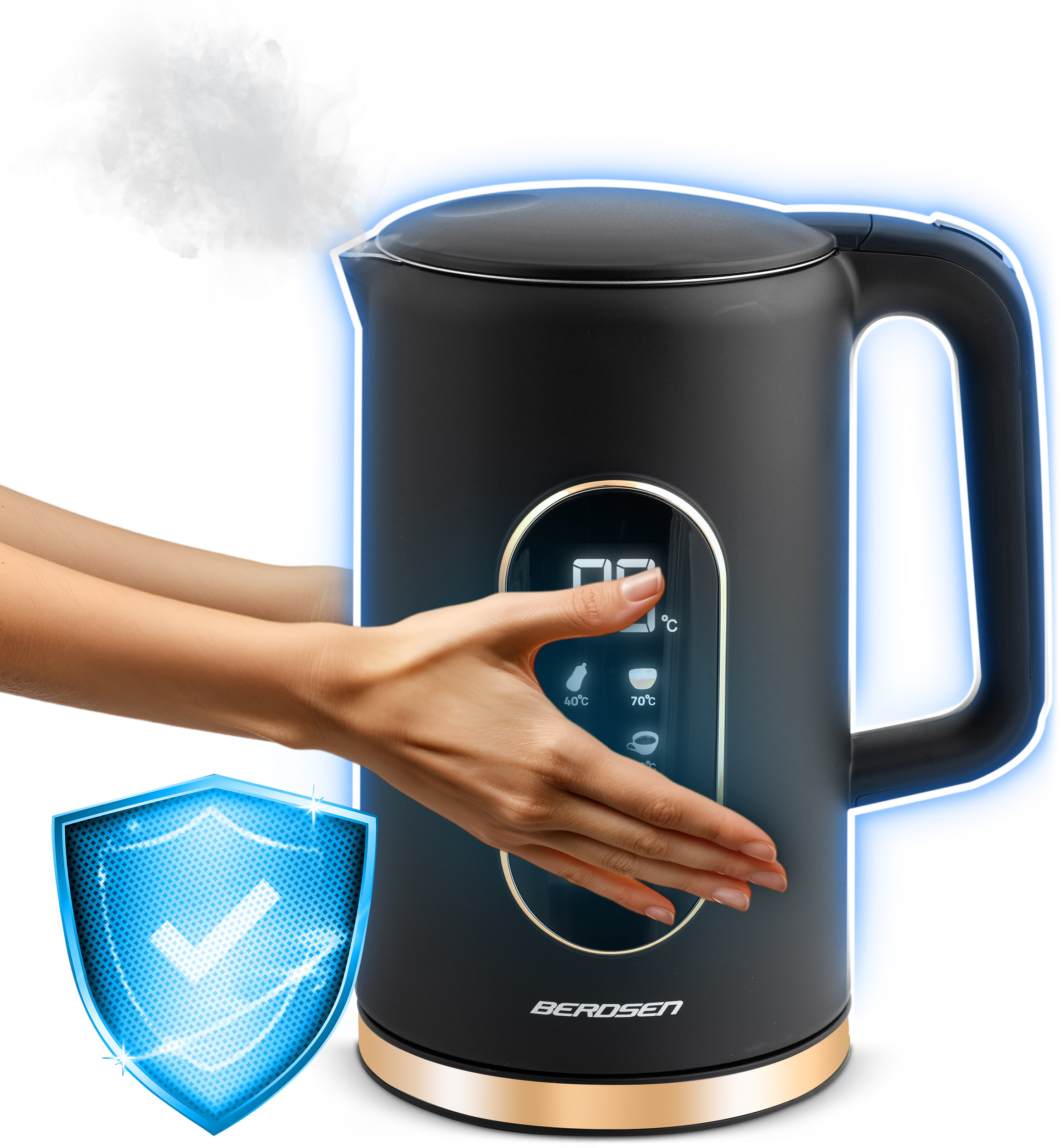 Ręka dotykająca czarnego czajnika elektrycznego. Ikona tarczy po lewej, para nad czajnikiem.