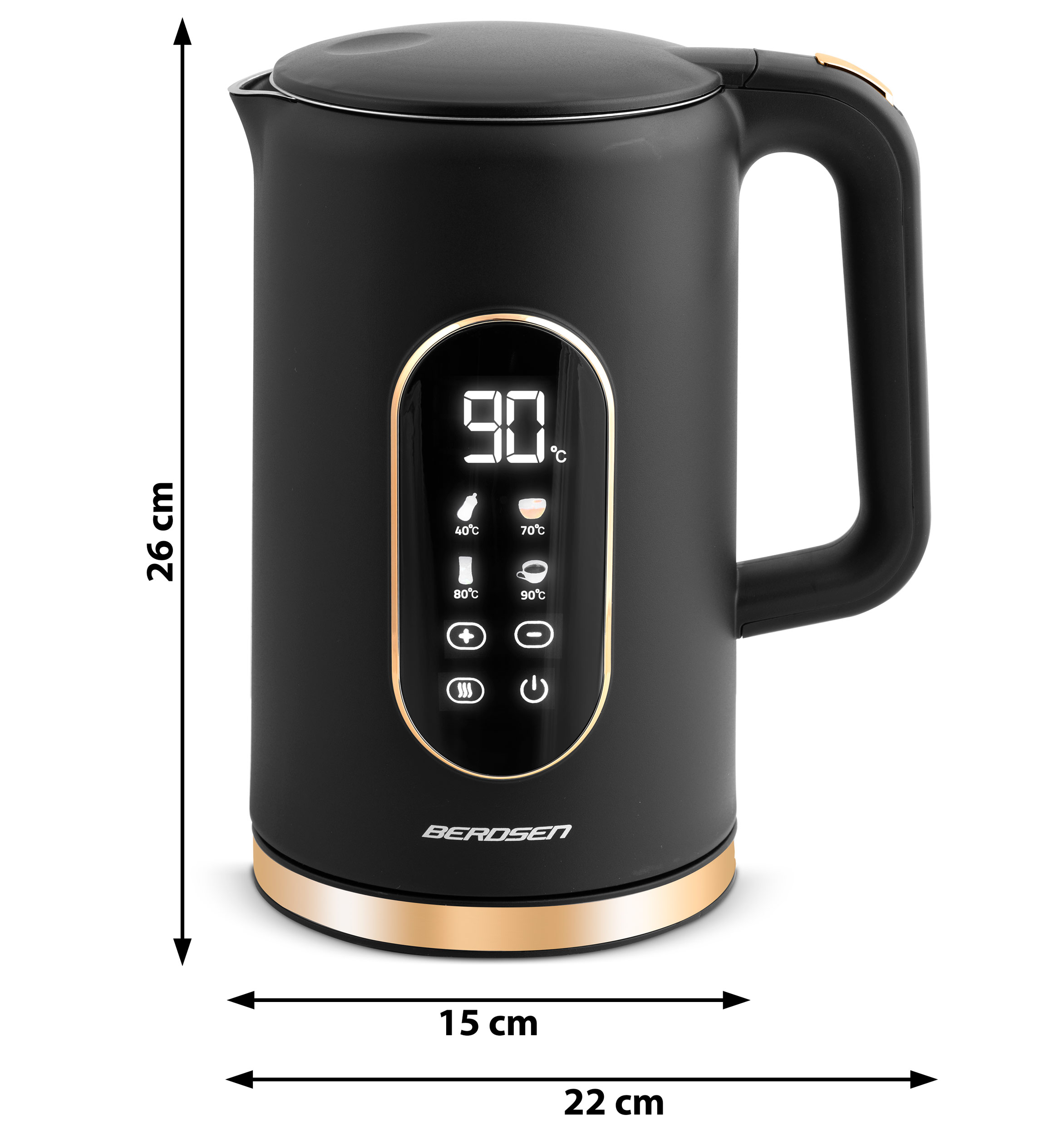 Czarny czajnik elektryczny, z wymiarami. 26 cm wysokości, 22 cm szerokości, 15 cm głębokości. Wyświetlacz pokazuje 90 stopni.