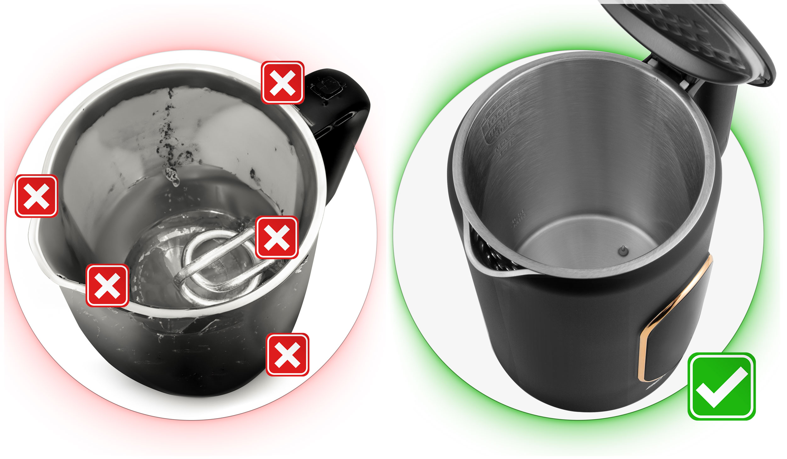 Porównanie dwóch czajników elektrycznych. Jeden z wodą oznaczony czerwonymi X, drugi zielonym znakiem wyboru.