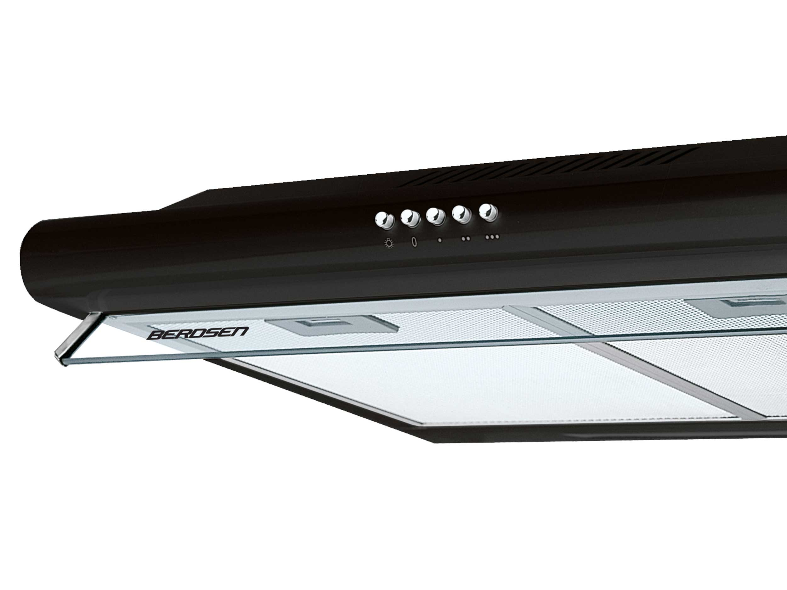 Czarny okap z szybą i sterowaniem. Marka to Berdsen. Tło jest białe.