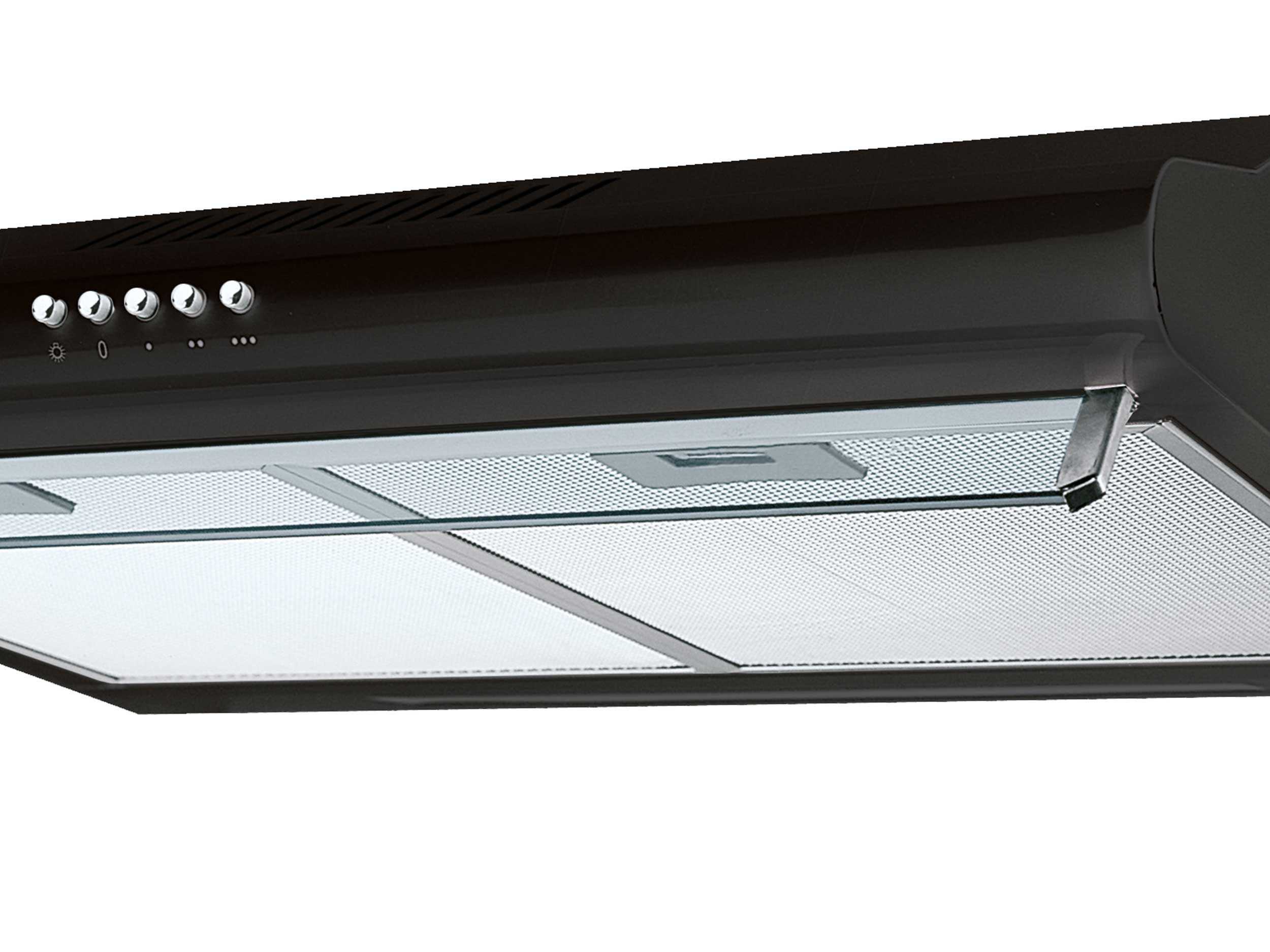 Zbliżenie czarnego okapu. Ma szklany panel i filtry z metalowej siatki.