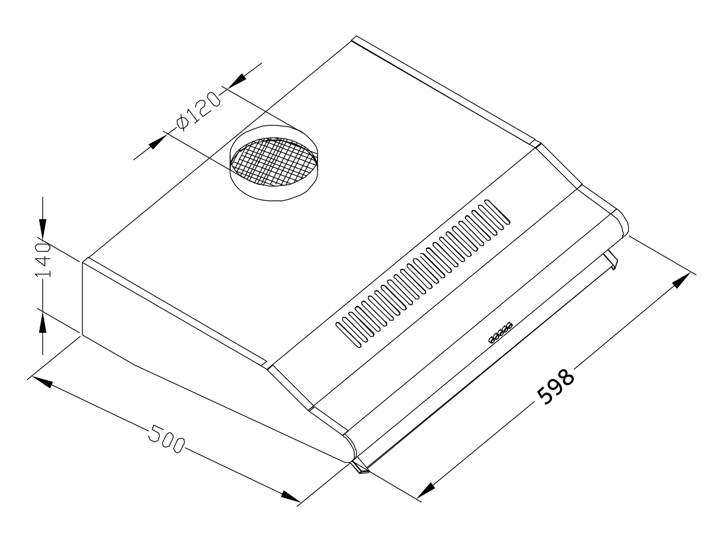 Rysunek techniczny okapu. Pokazuje wymiary: 500x598x140mm, z otworem o średnicy 120mm.
