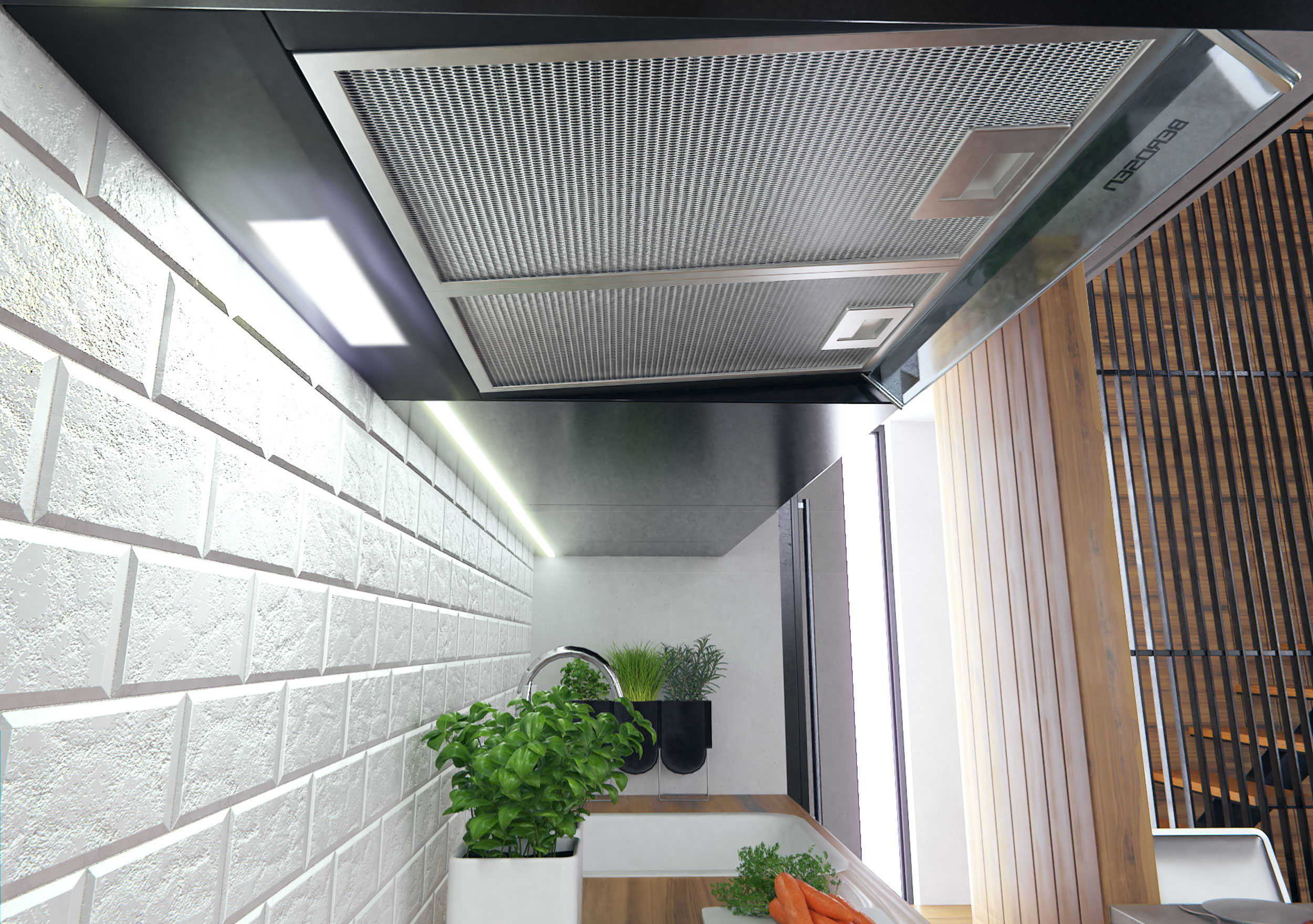 Okap kuchenny z białą ceglaną ścianą i drewnianymi akcentami. Rośliny i zlew na pierwszym planie.