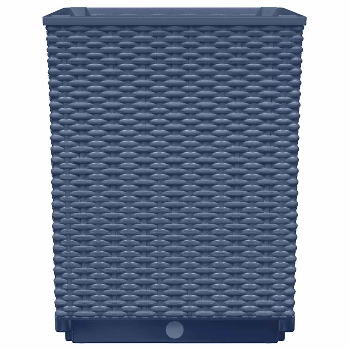 Nahaufnahme eines blauen, quadratischen Pflanzgefäßes mit Webmuster. Die Oberfläche ist sichtbar.