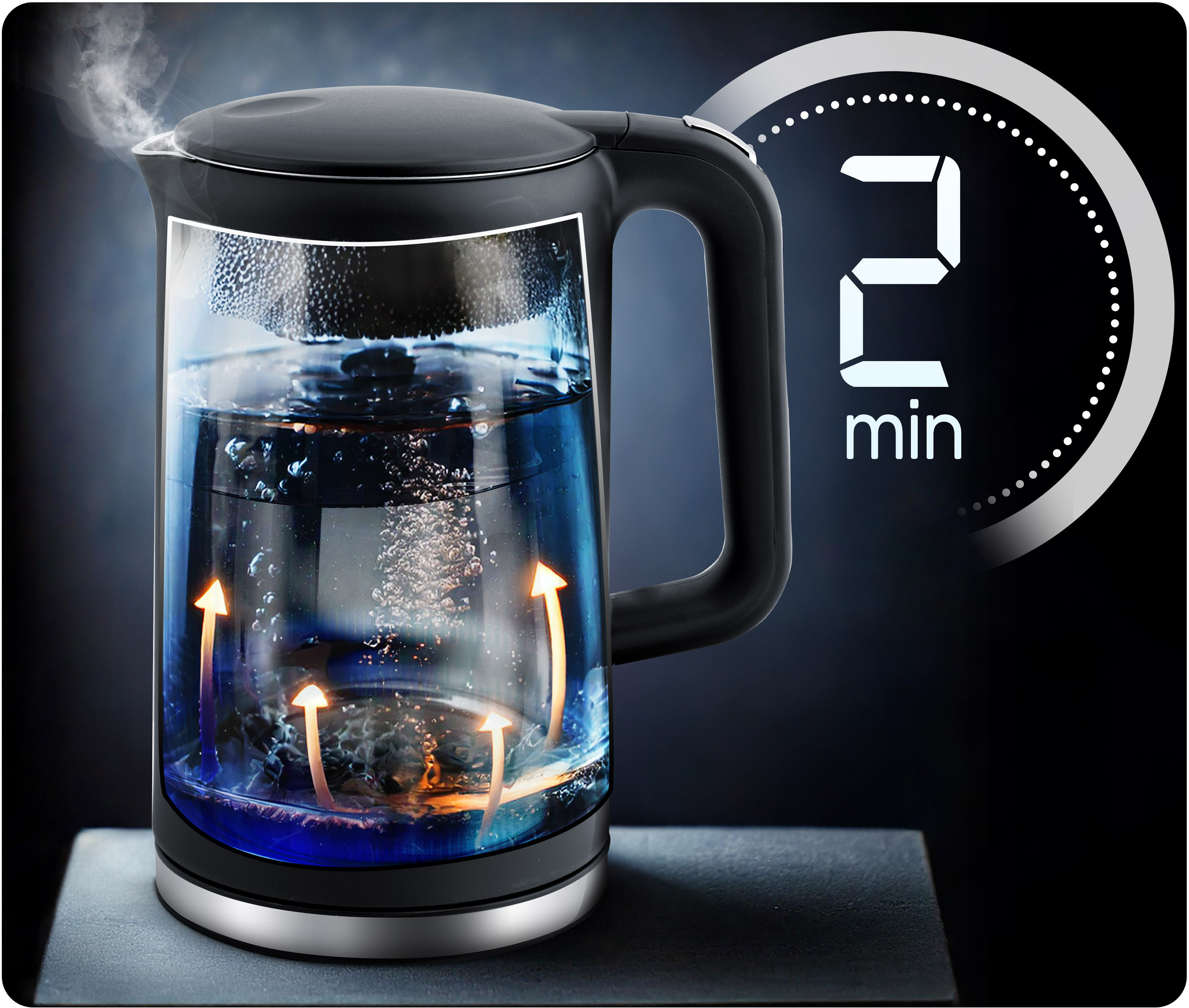 Szklany czajnik elektryczny. Woda gotuje się w środku, ze strzałkami i timerem pokazującym 2 min.