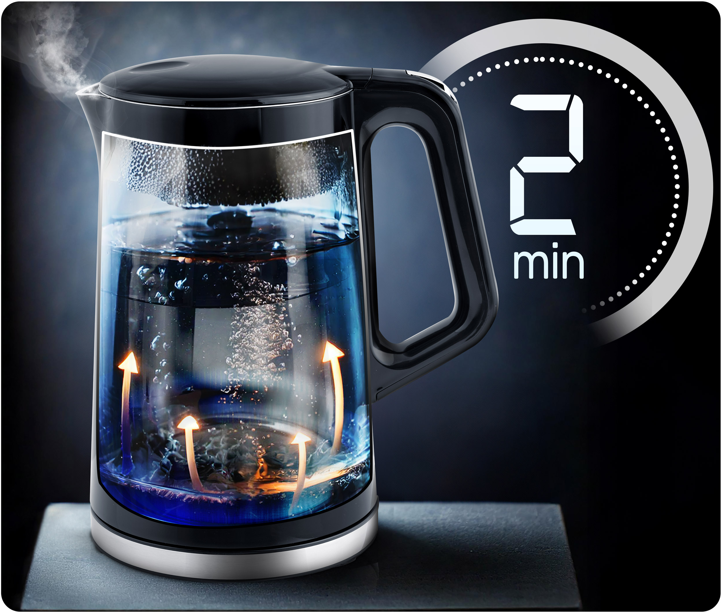 Czajnik elektryczny z wodą w środku, strzałki pokazujące ogrzewanie. Minutnik pokazuje 2 minuty. Ciemne tło.