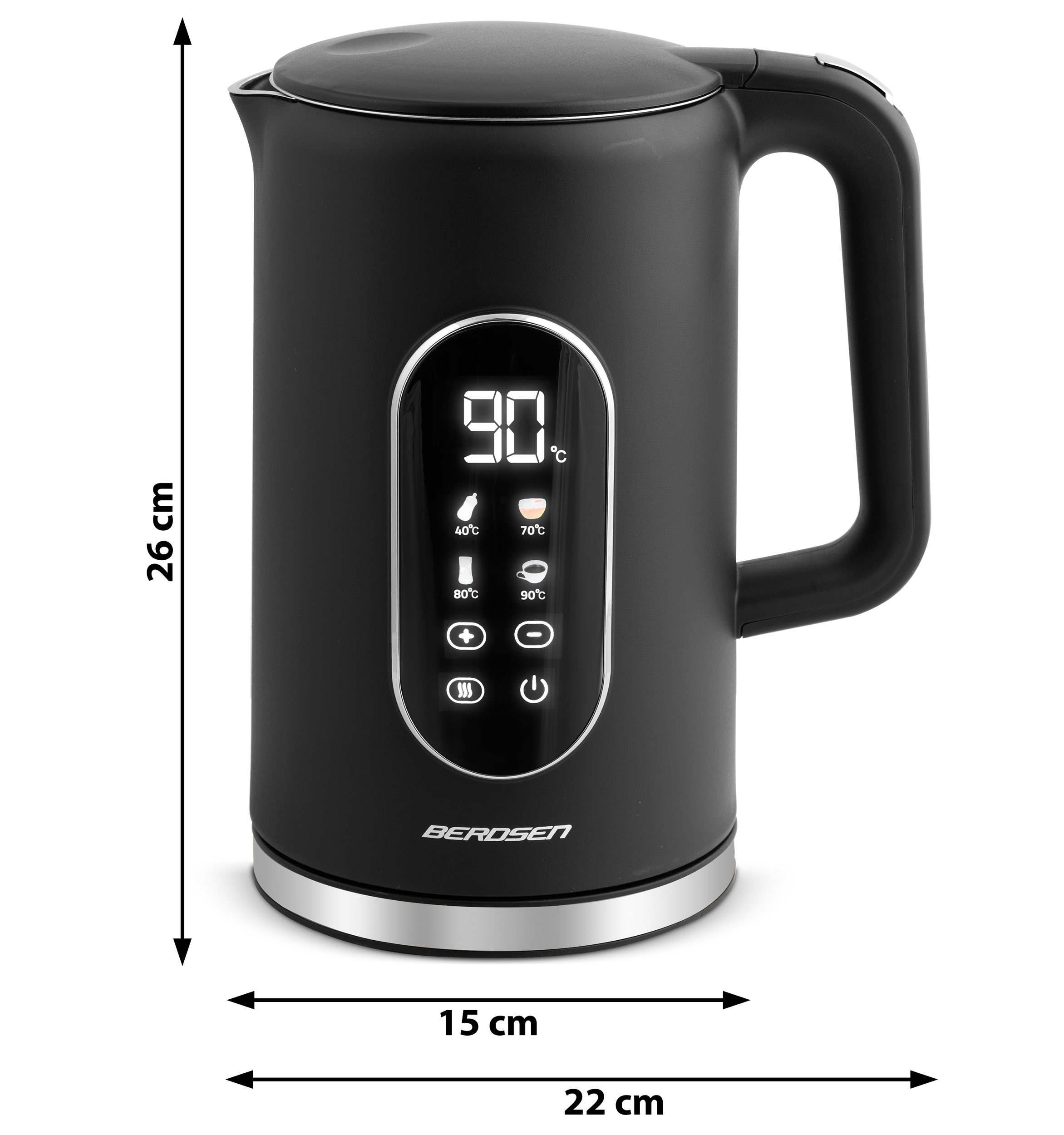 Czarny czajnik elektryczny z wyświetlaczem cyfrowym pokazującym 90 stopni Celsjusza. Wymiary w cm.