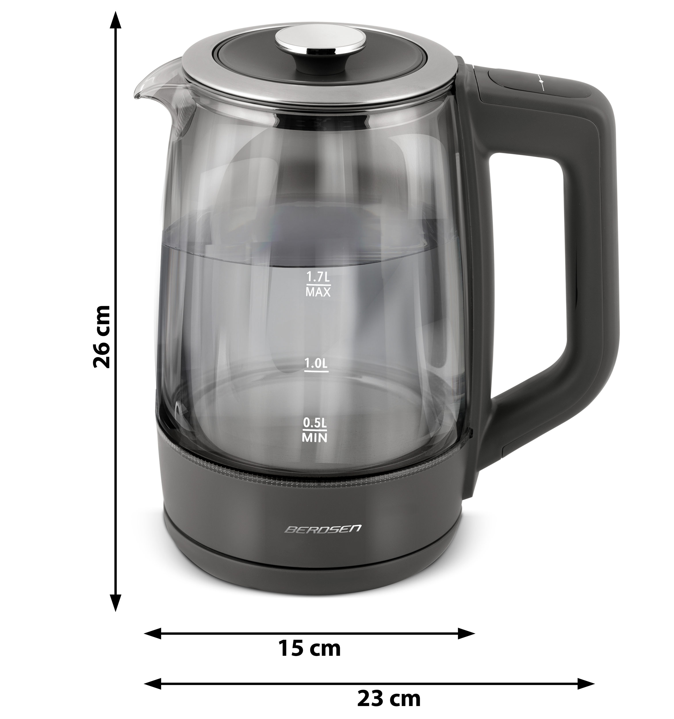 Przezroczysty szklany czajnik BERDSEN z czarną rączką i podstawą, podane wymiary.