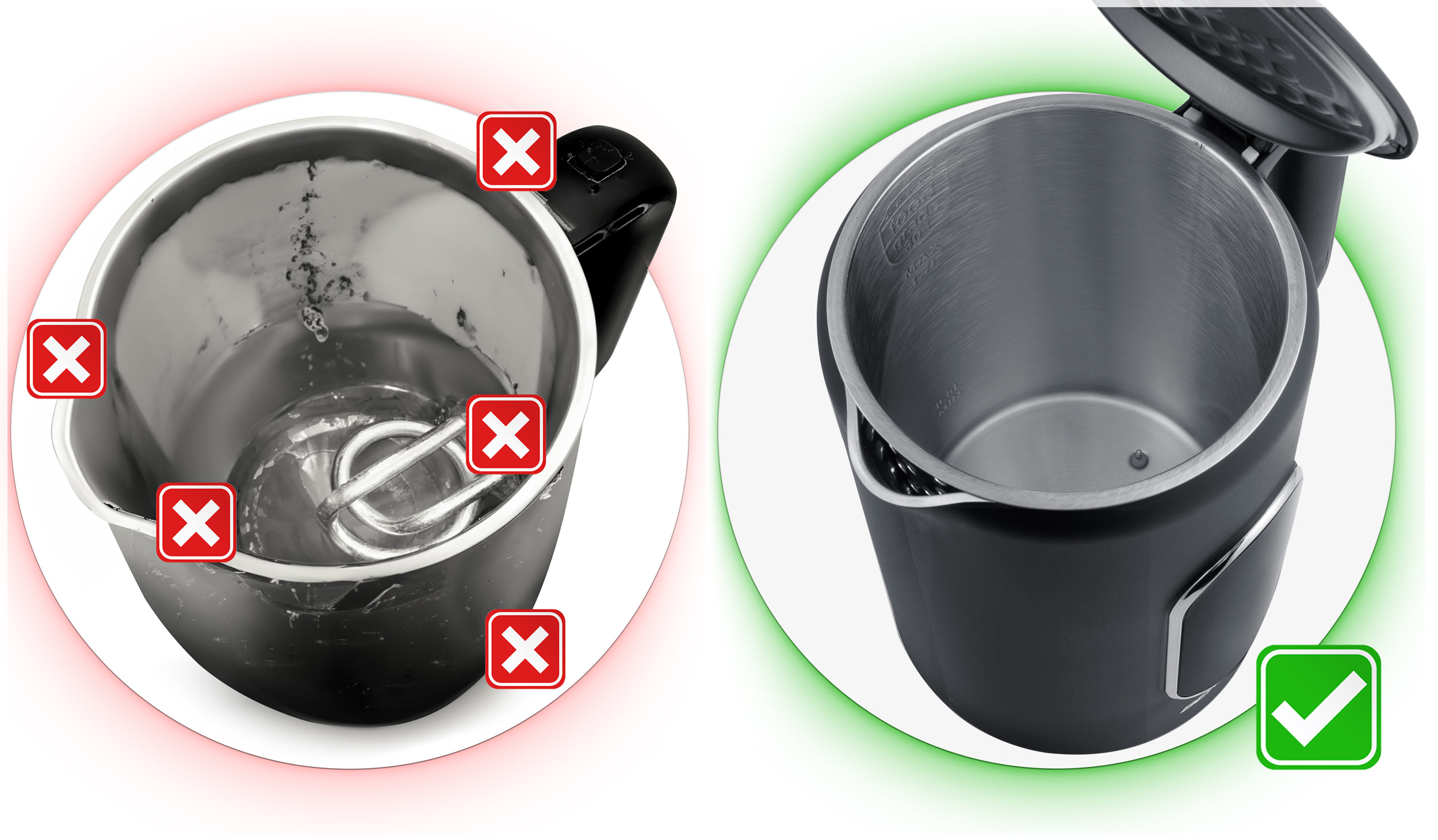 Porównanie niebezpiecznych i bezpiecznych wnętrz czajników, z podkreśleniem umiejscowienia elementu grzejnego.