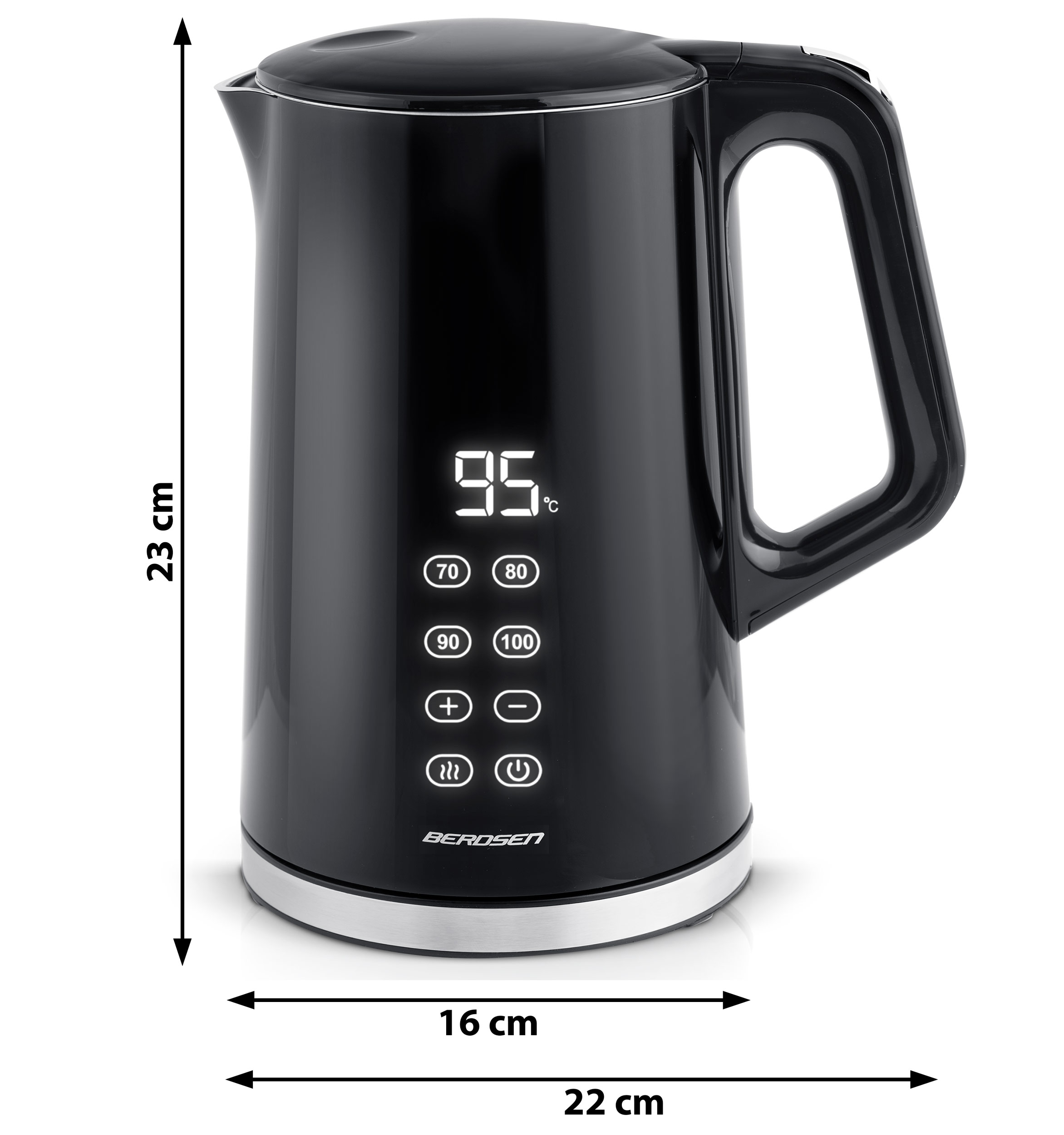 Czarny czajnik elektryczny z wyświetlaczem cyfrowym, pokazujący 95 stopni Celsjusza i przyciski do ustawiania temperatury.