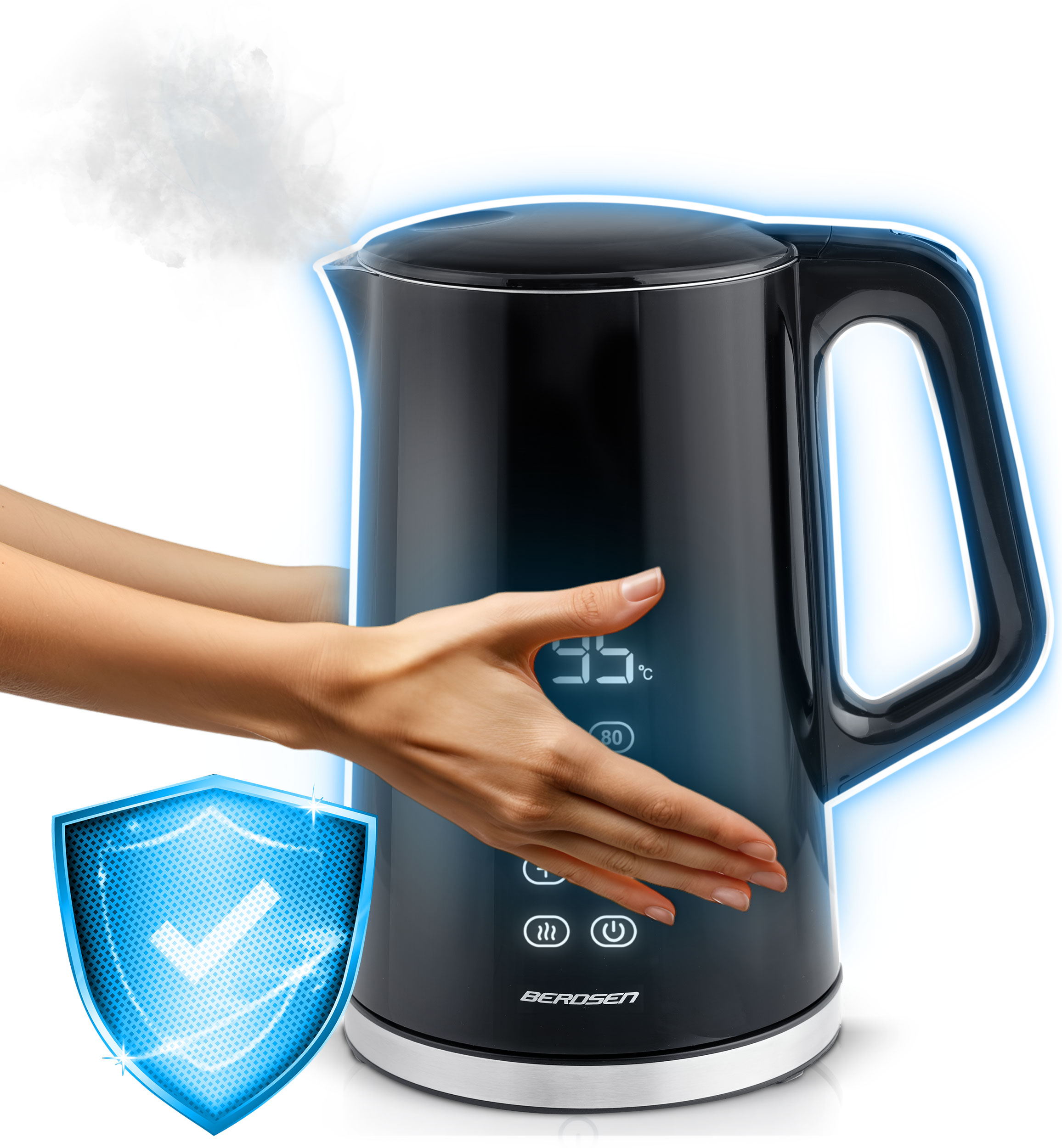 Czarny czajnik. Ręka go dotyka, z nakładką graficzną tarczy. Obecna jest chmura pary. Białe tło.