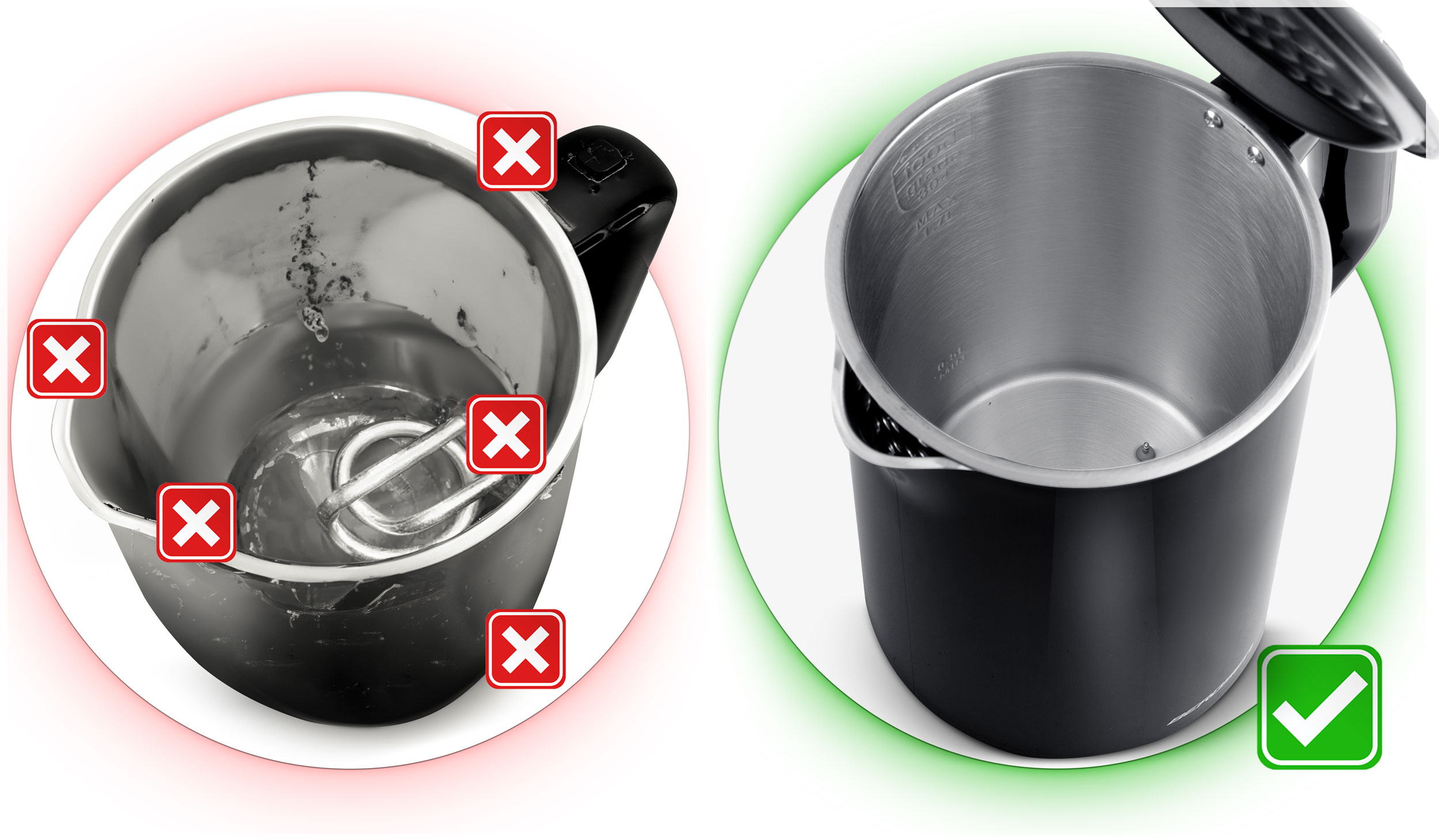 Dwa obrazy porównujące wnętrze czajnika. Lewy obraz pokazuje problemy. Prawy pokazuje czysty, poprawny design.