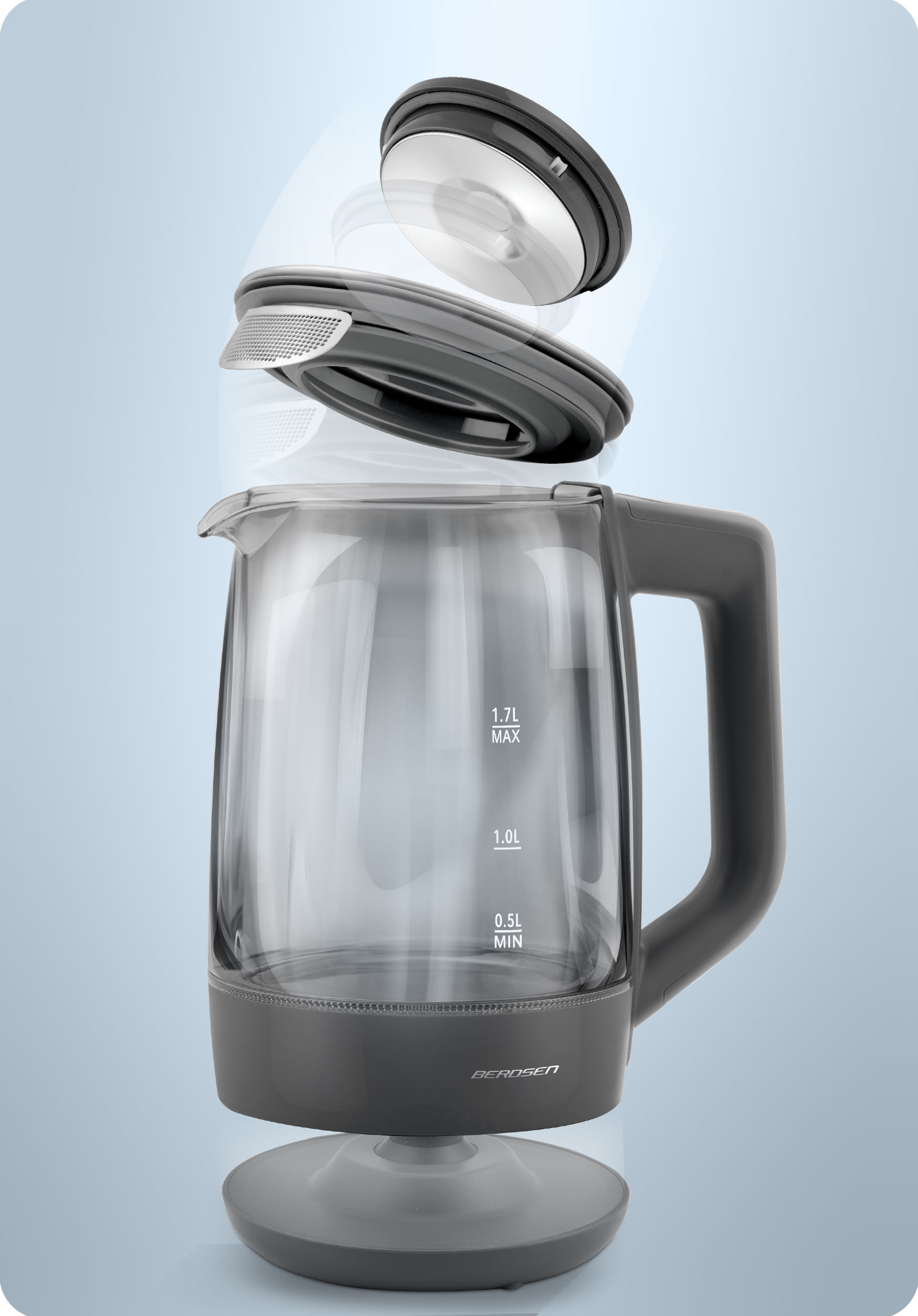 Przezroczysty czajnik BERDSEN ze zdemontowaną pokrywką, pokazujący jego elementy.
