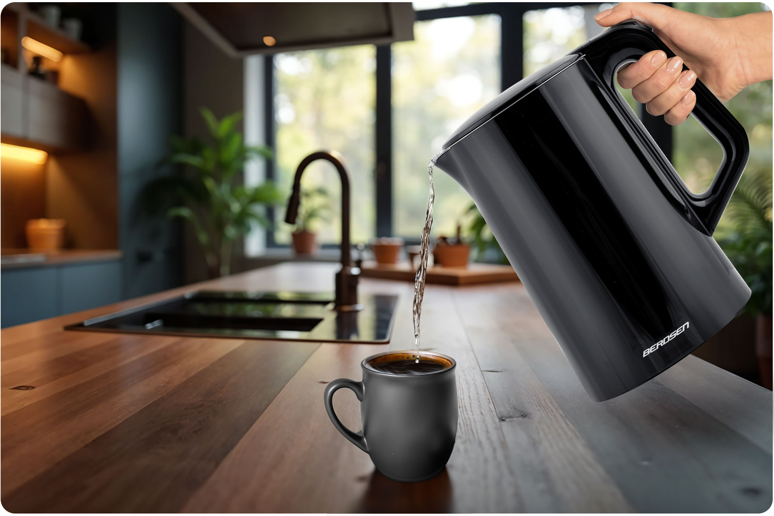 Ręka nalewa wodę z czarnego czajnika do kubka. Scena rozgrywa się w kuchni.