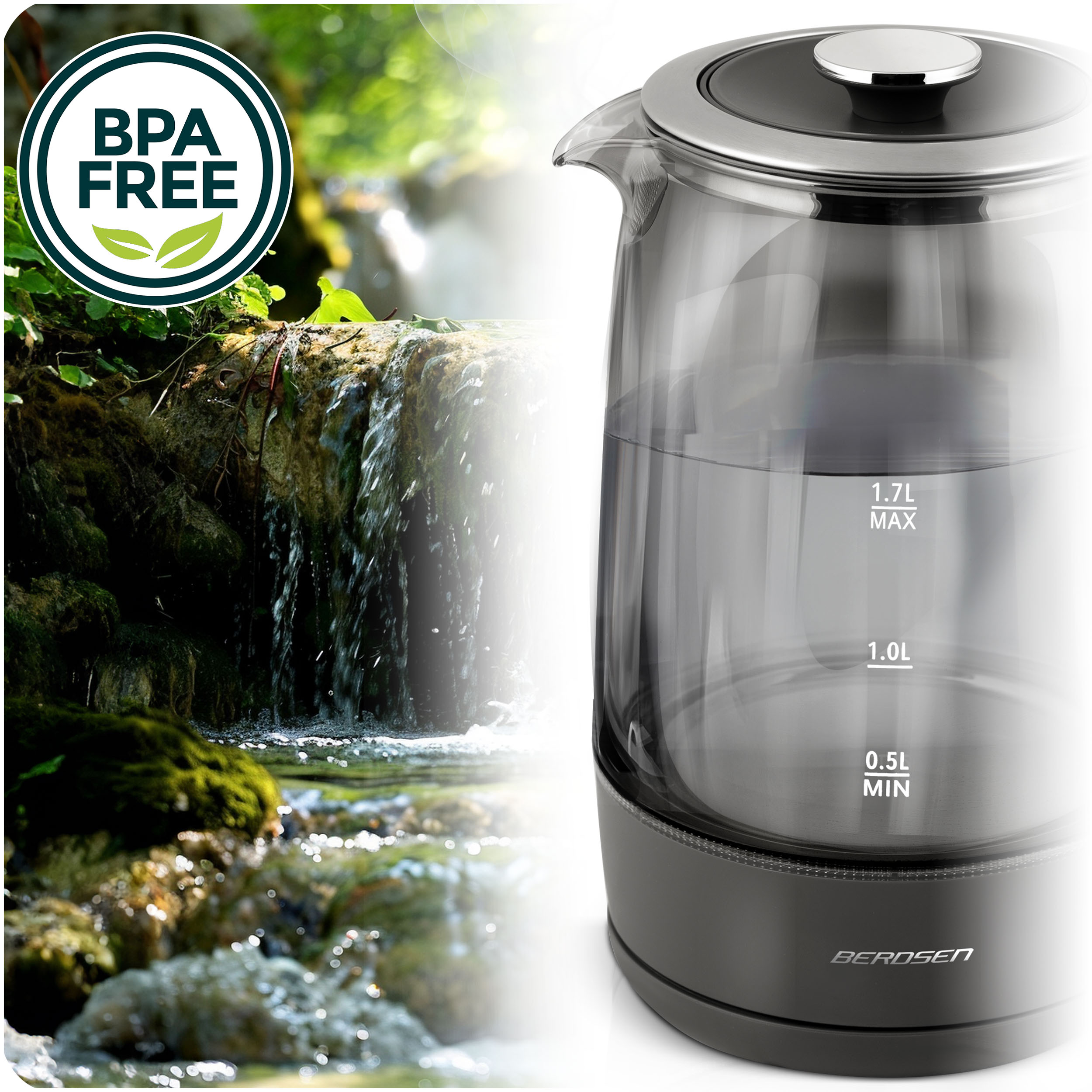 Czajnik BERDSEN obok wodospadu, podkreślający produkt wolny od BPA.