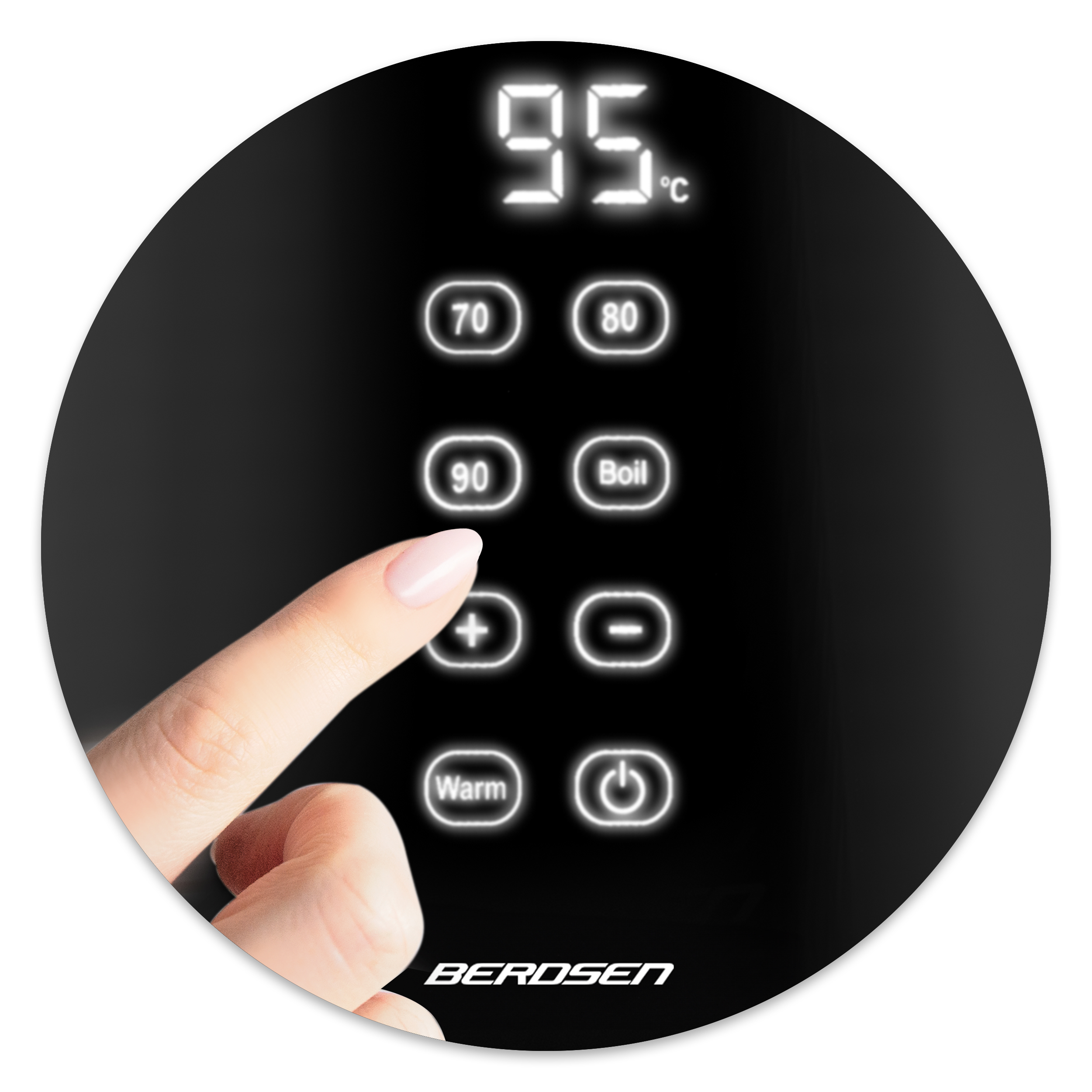 Zbliżenie na dotykowe elementy sterujące czajnika, palec naciska ustawienie temperatury.