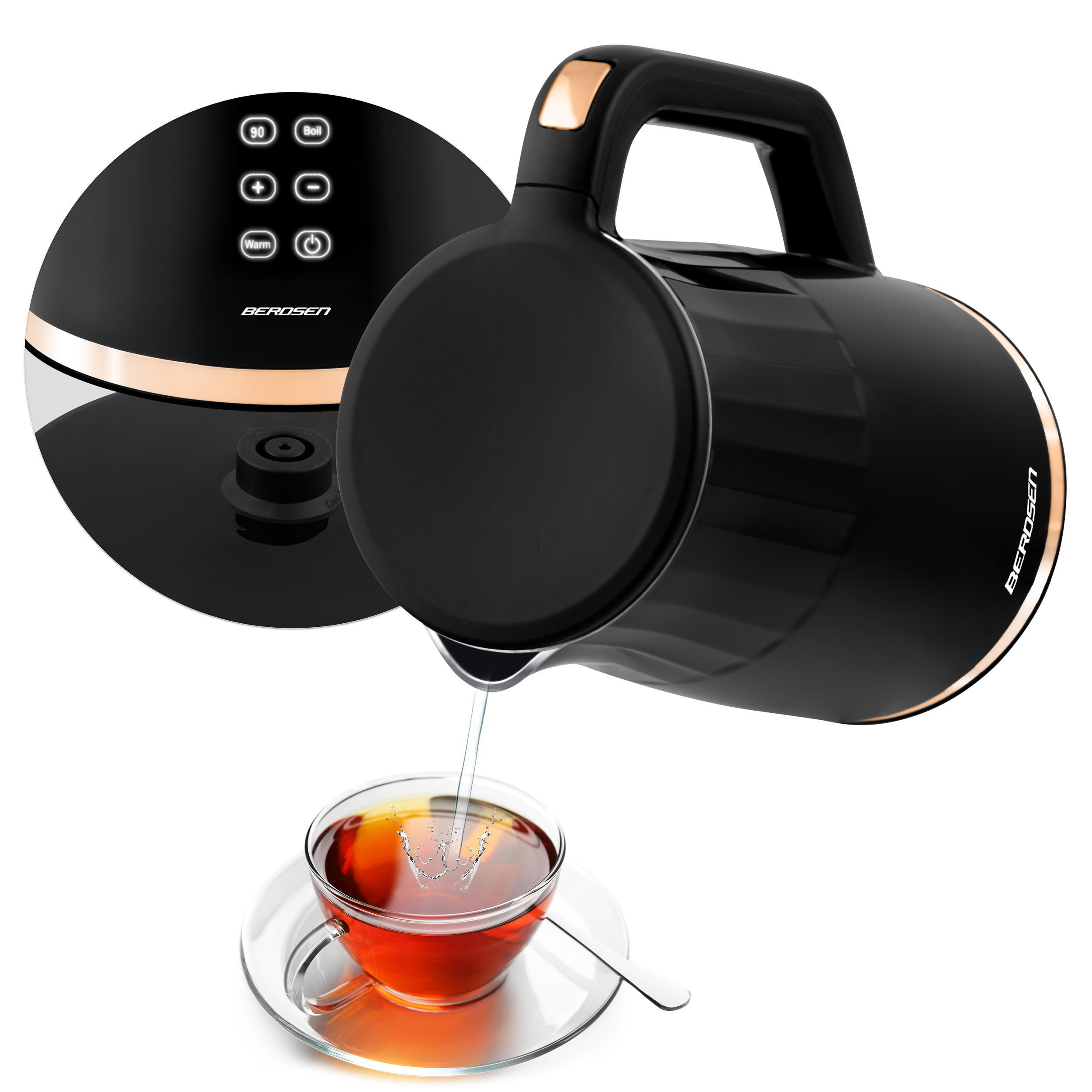 Czajnik BERDSEN nalewa herbatę do przezroczystego kubka, widoczny panel sterowania.