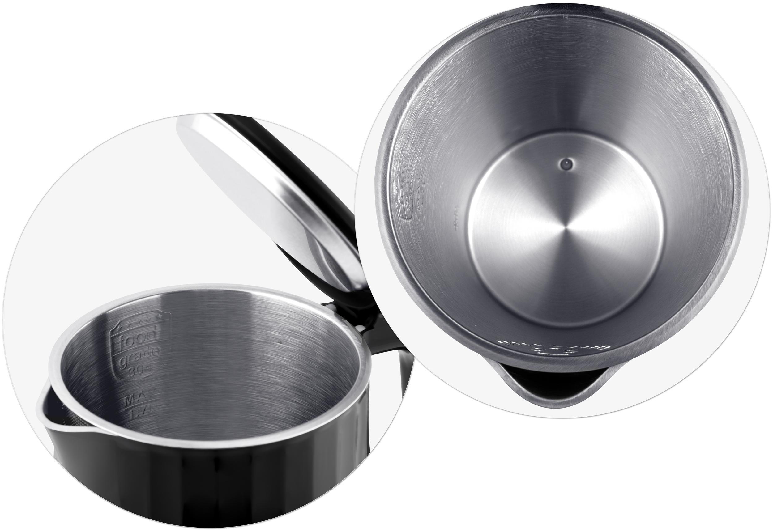 Wnętrze czajnika z bliska, stal nierdzewna, z oznaczeniami poziomu wody.