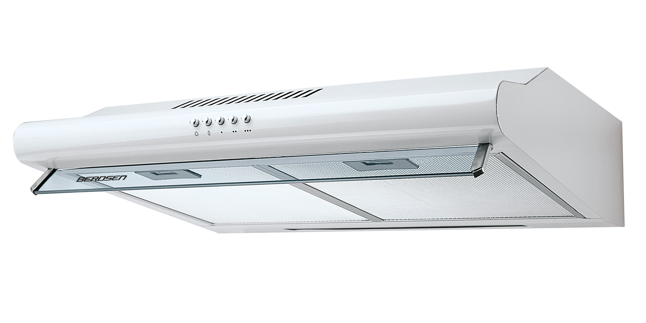 Biały okap kuchenny z przyciskami sterowania i szklanym wizjerem. Ma prosty design i jest zamontowany na ścianie.