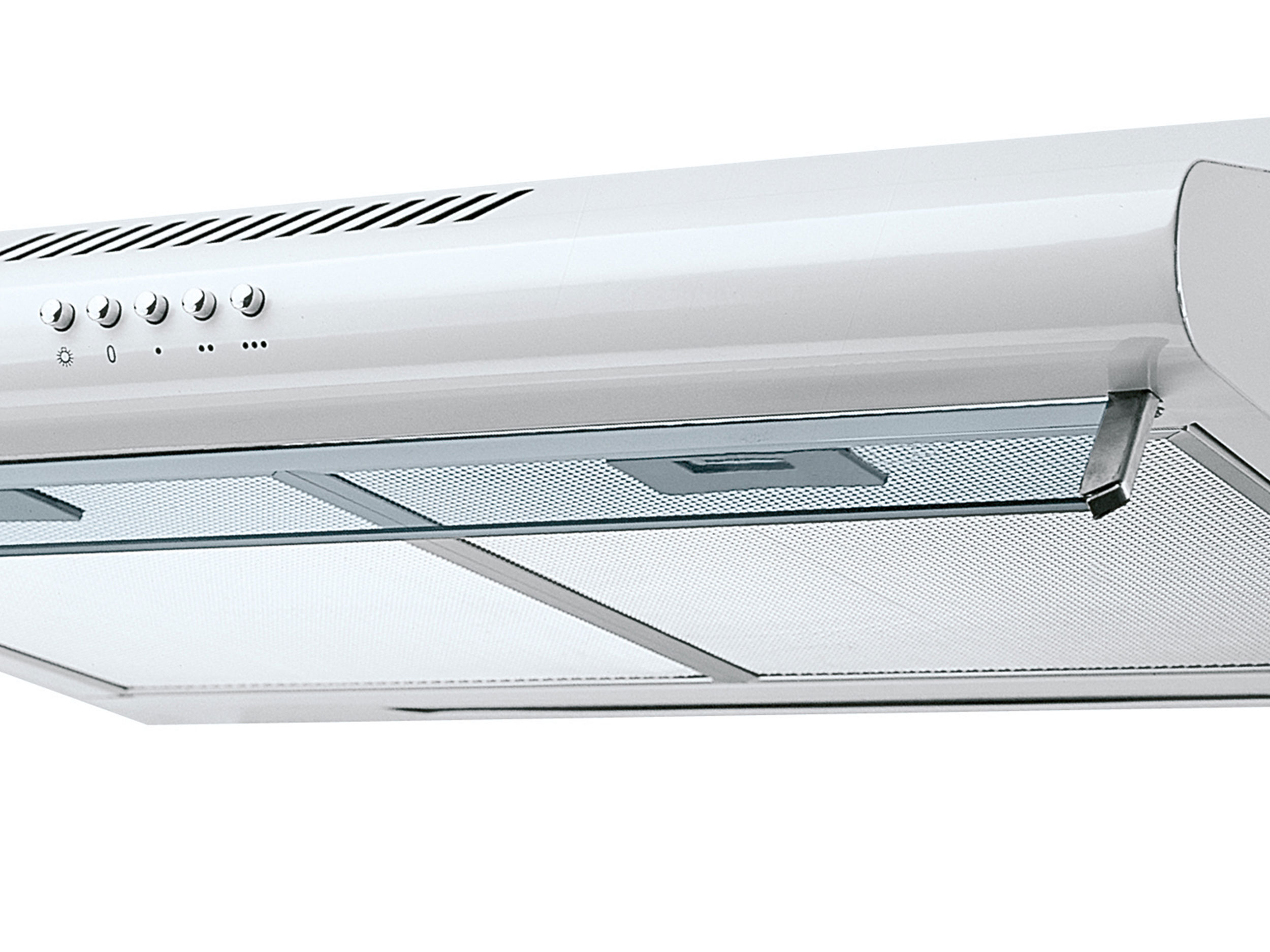 Biały okap z widocznymi elementami sterującymi i siatkowym filtrem poniżej.