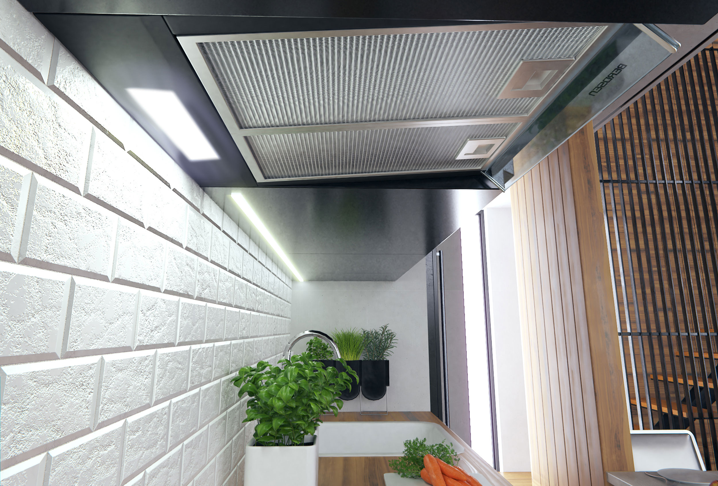 Układ kuchni z białą ceglaną ścianą, okapem, zlewem, roślinami i drewnianym blatem.