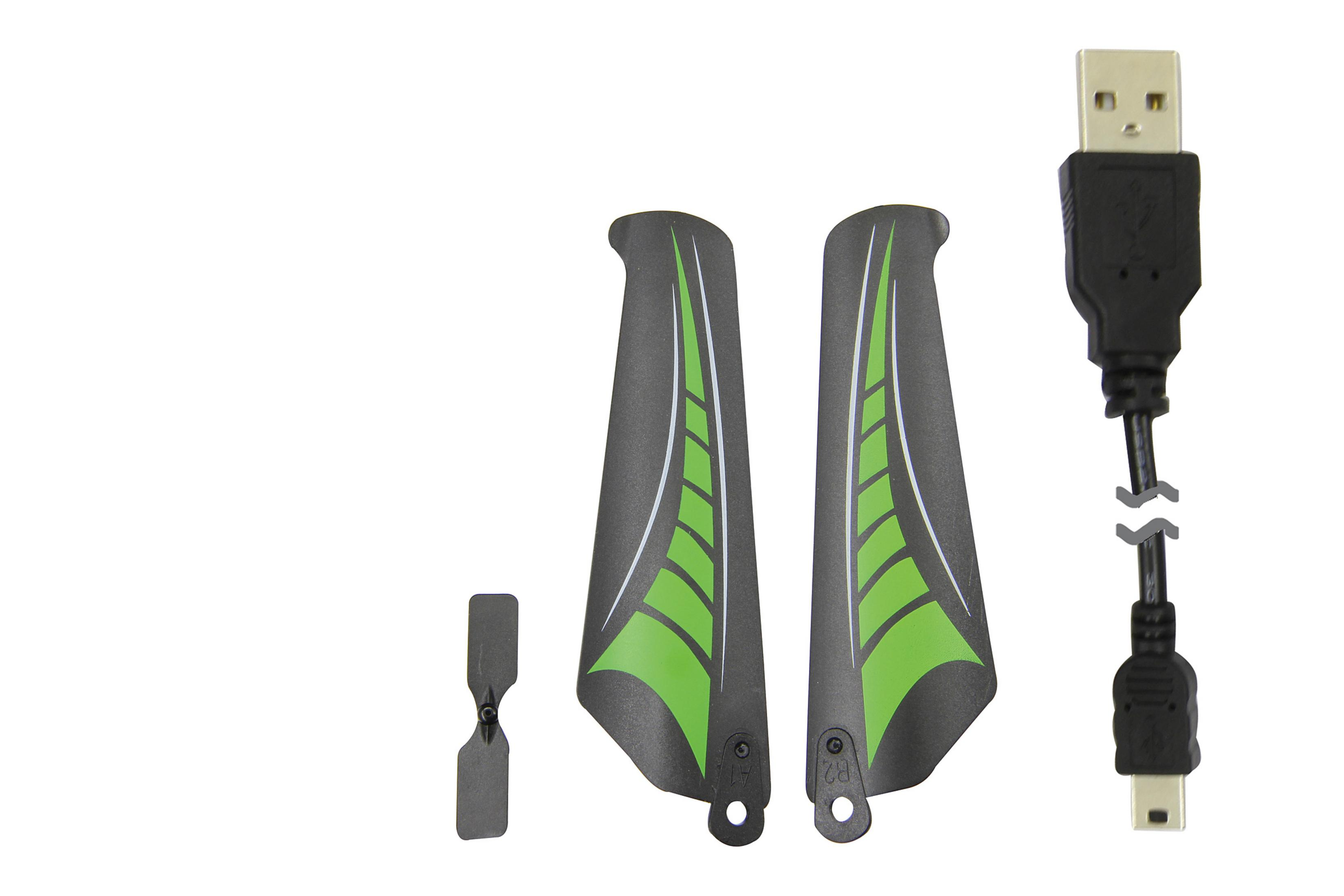 Spielzeug-Hubschrauberblätter und ein USB-Ladekabel. Die Blätter sind schwarz und grün.