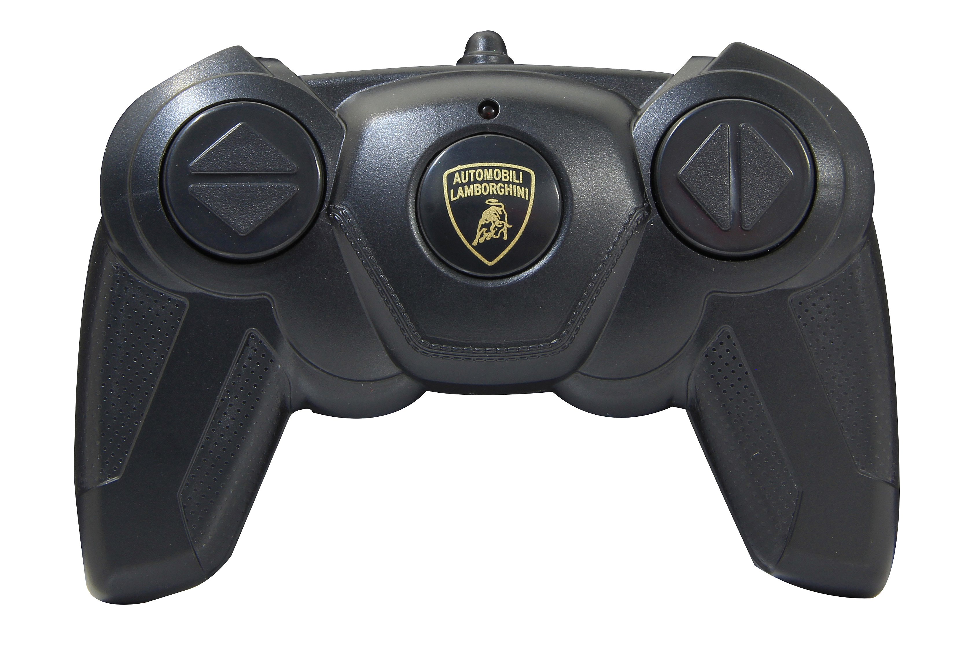Mando a distancia negro con logotipo Lamborghini. Tiene dos joysticks y un agarre texturizado.