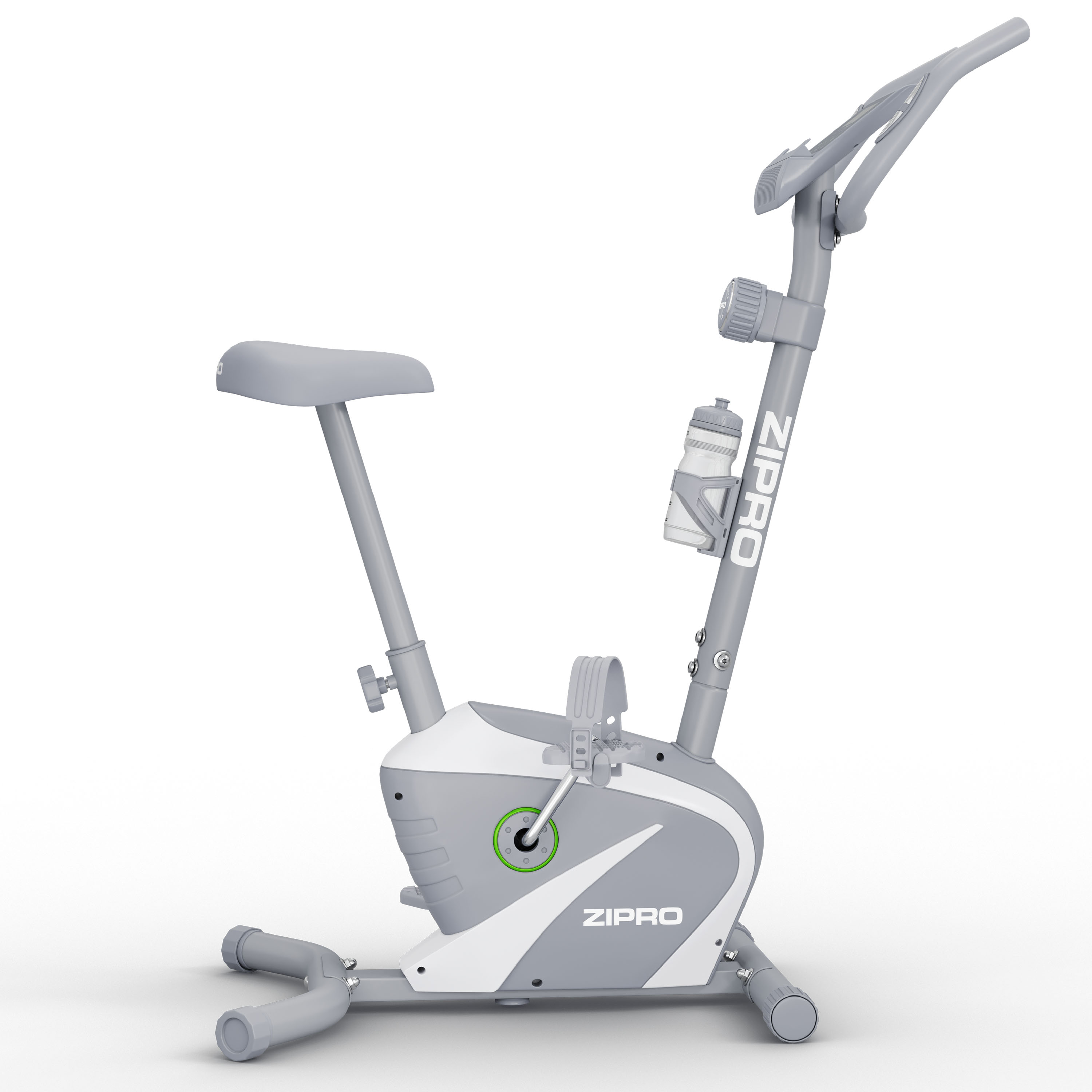 Ein grau-weißes Zipro-Heimtrainer mit Flaschenhalter und Sitz.