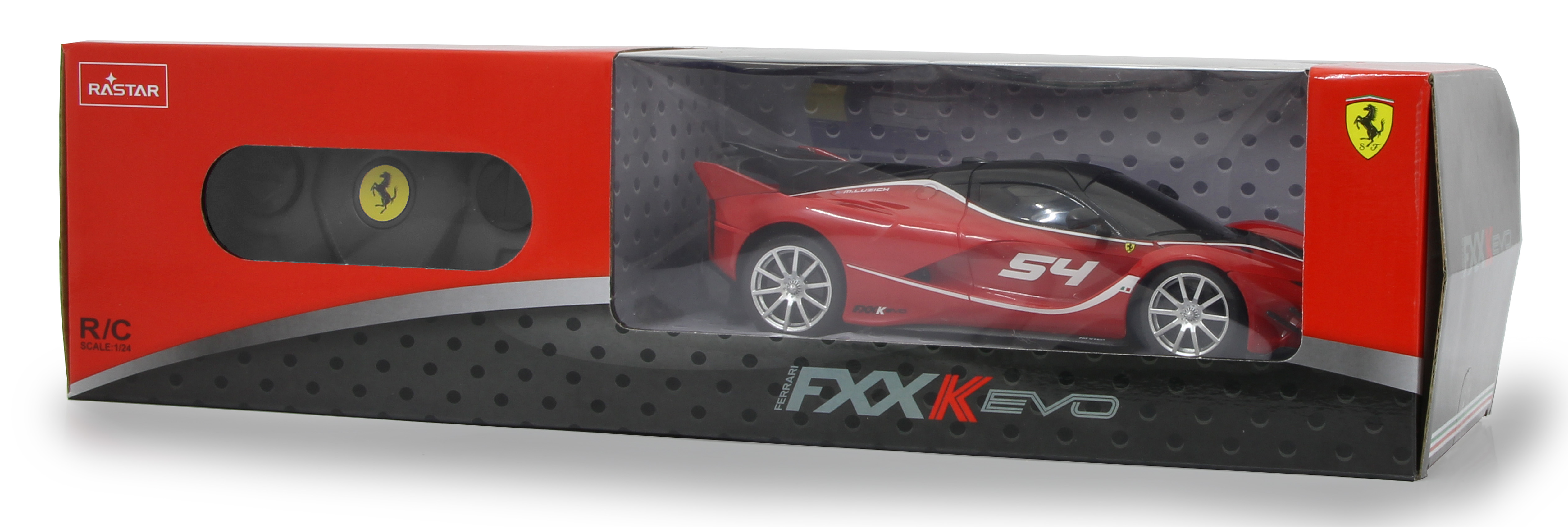 Ein rotes Ferrari FXXK EVO Modellauto in einer Box mit Fernbedienung.