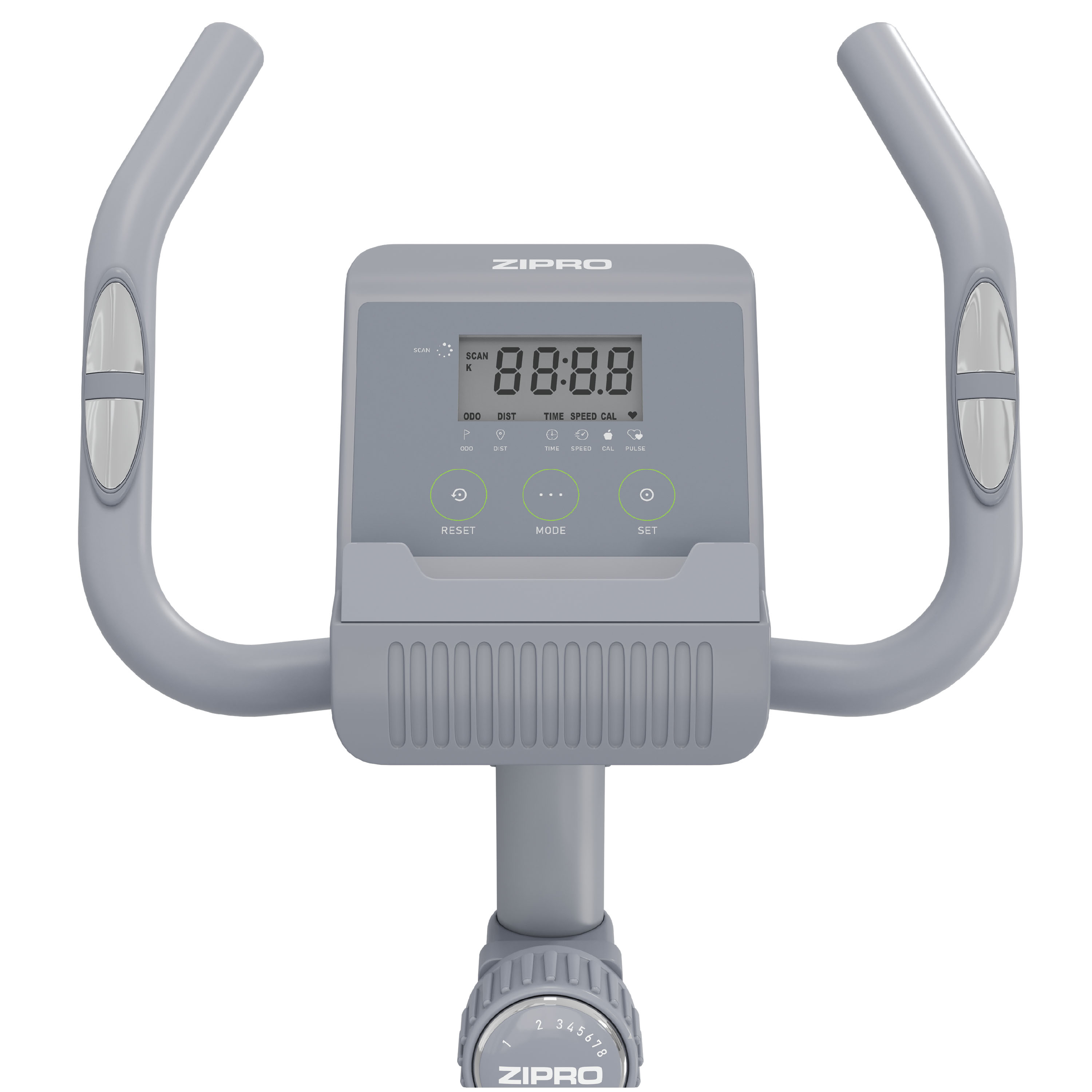 Eine graue Heimtrainer-Konsole mit Digitalanzeige zeigt Statistiken. Es gibt Tasten für Reset, Mode und Set.