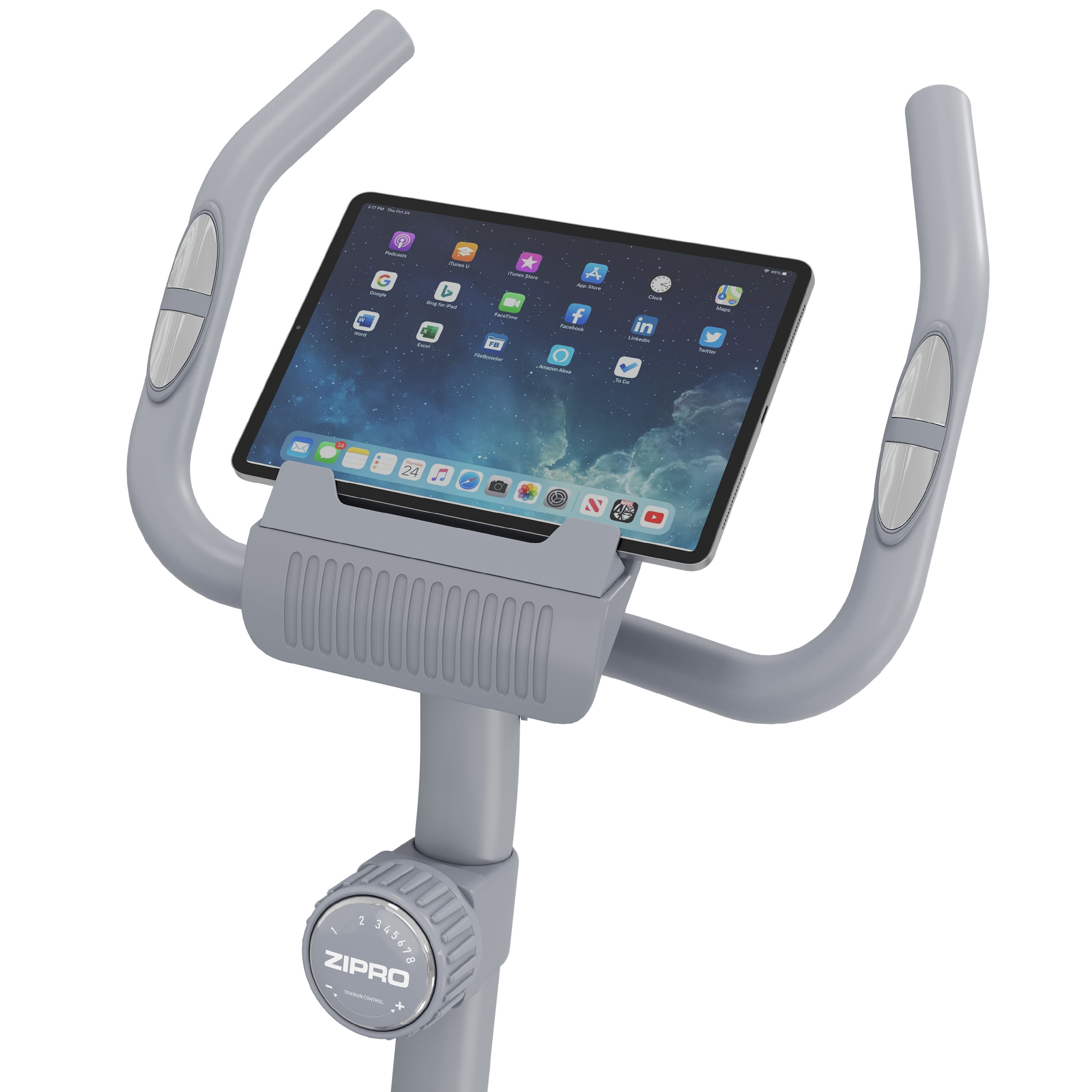 Ein graues Trainingsrad mit Tablethalterung und Anzeige mit Apps.