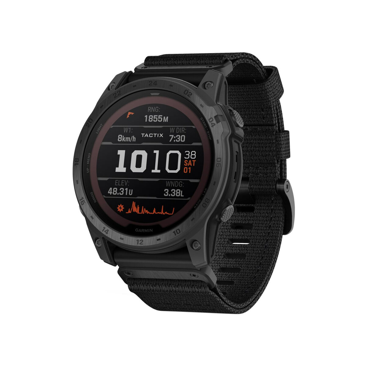 Schwarze Garmin-Uhr mit schwarzem Armband. Das Zifferblatt zeigt Daten in Weiß und Orange an.