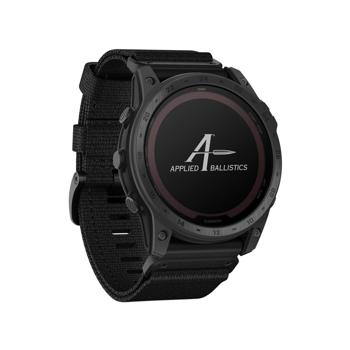 Schwarze Garmin-Uhr mit schwarzem Armband und digitalem Bildschirm.