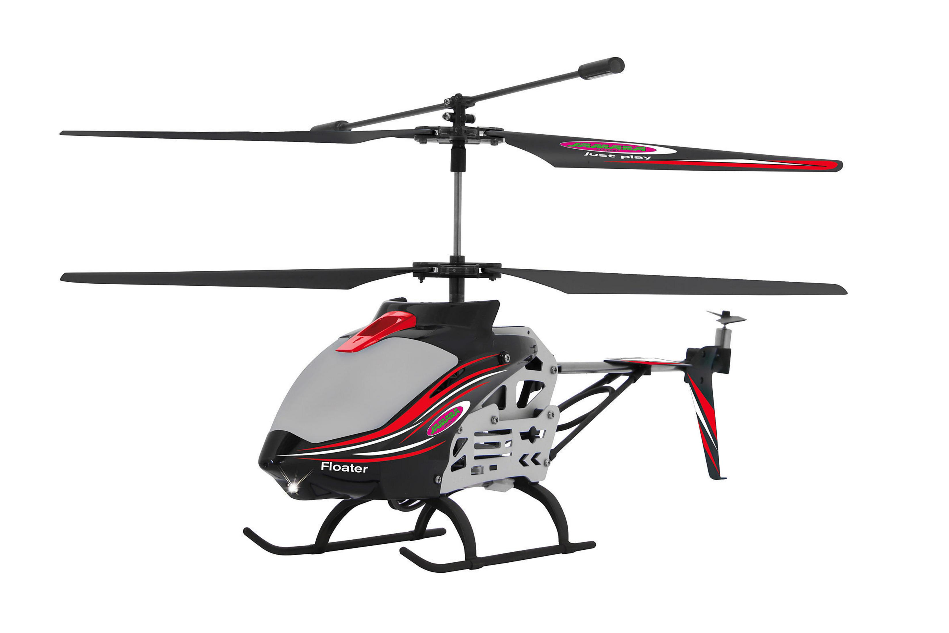 Ein schwarz-grauer Spielzeughubschrauber mit roten Akzenten auf weißem Hintergrund.
