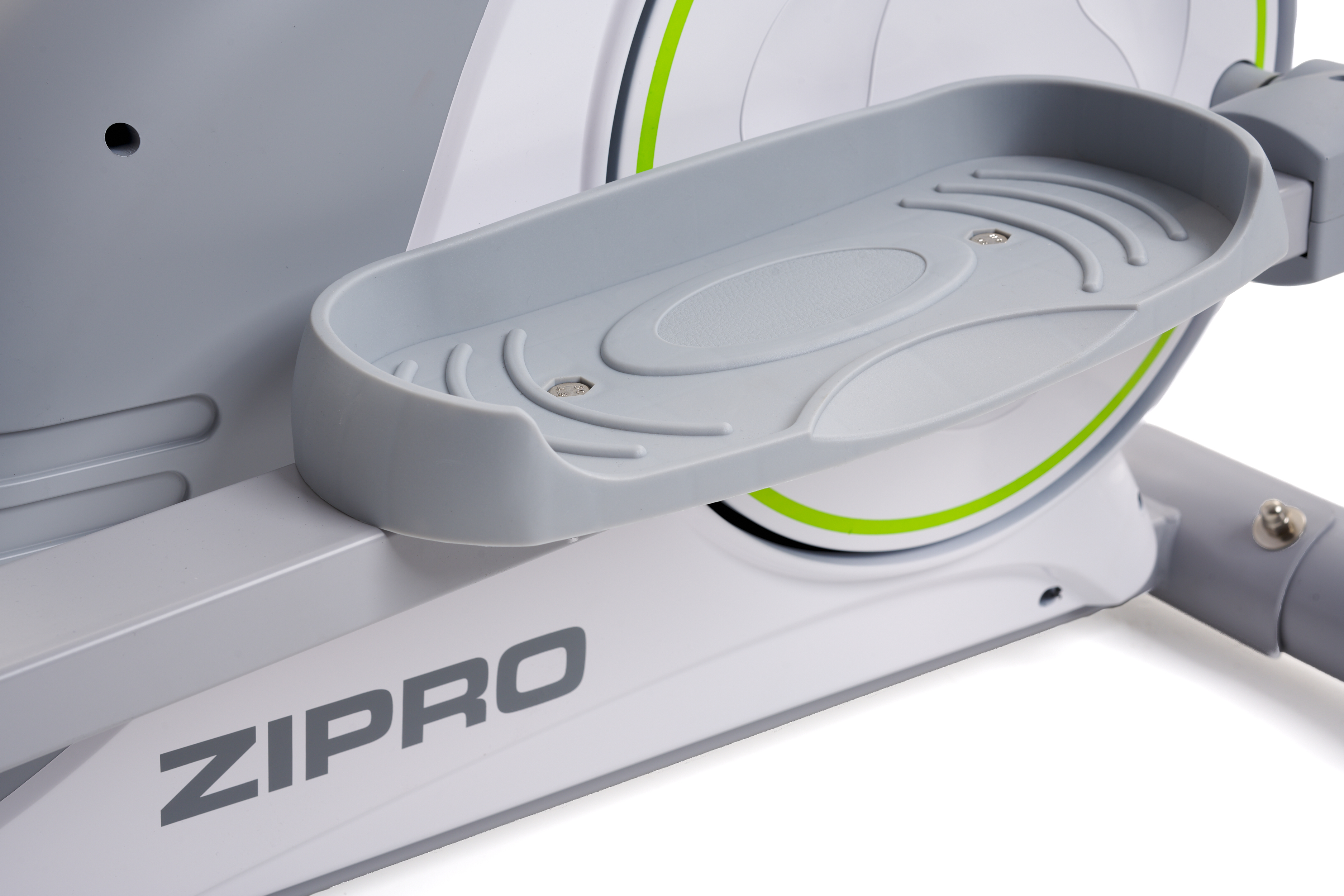 Graue Fußstütze einer Zipro-Ellipsentrainingsmaschine. Die Maschine ist weiß und grau.