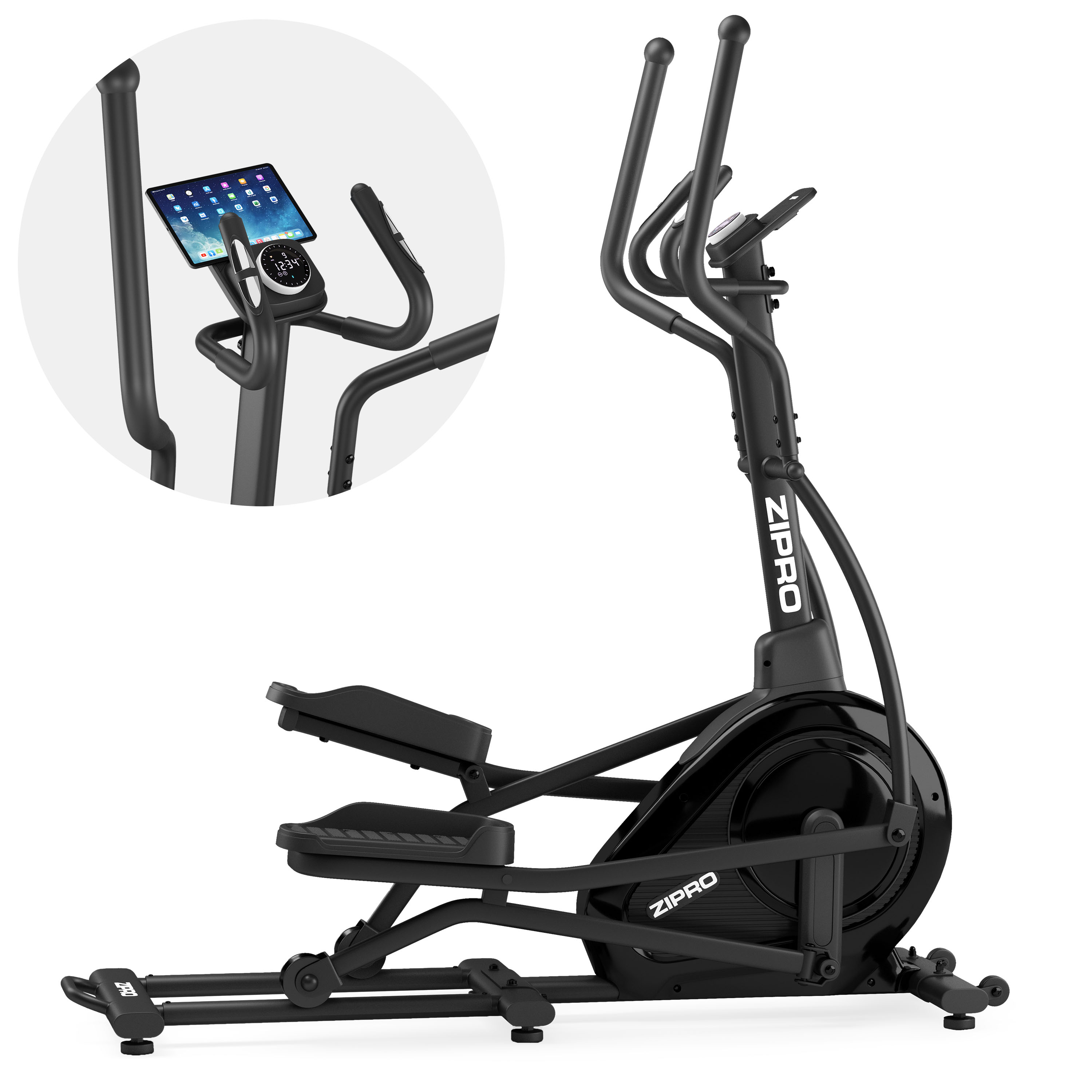 Un entrenador elíptico Zipro negro está colocado sobre un fondo blanco, una tableta está insertada en la parte superior izquierda.