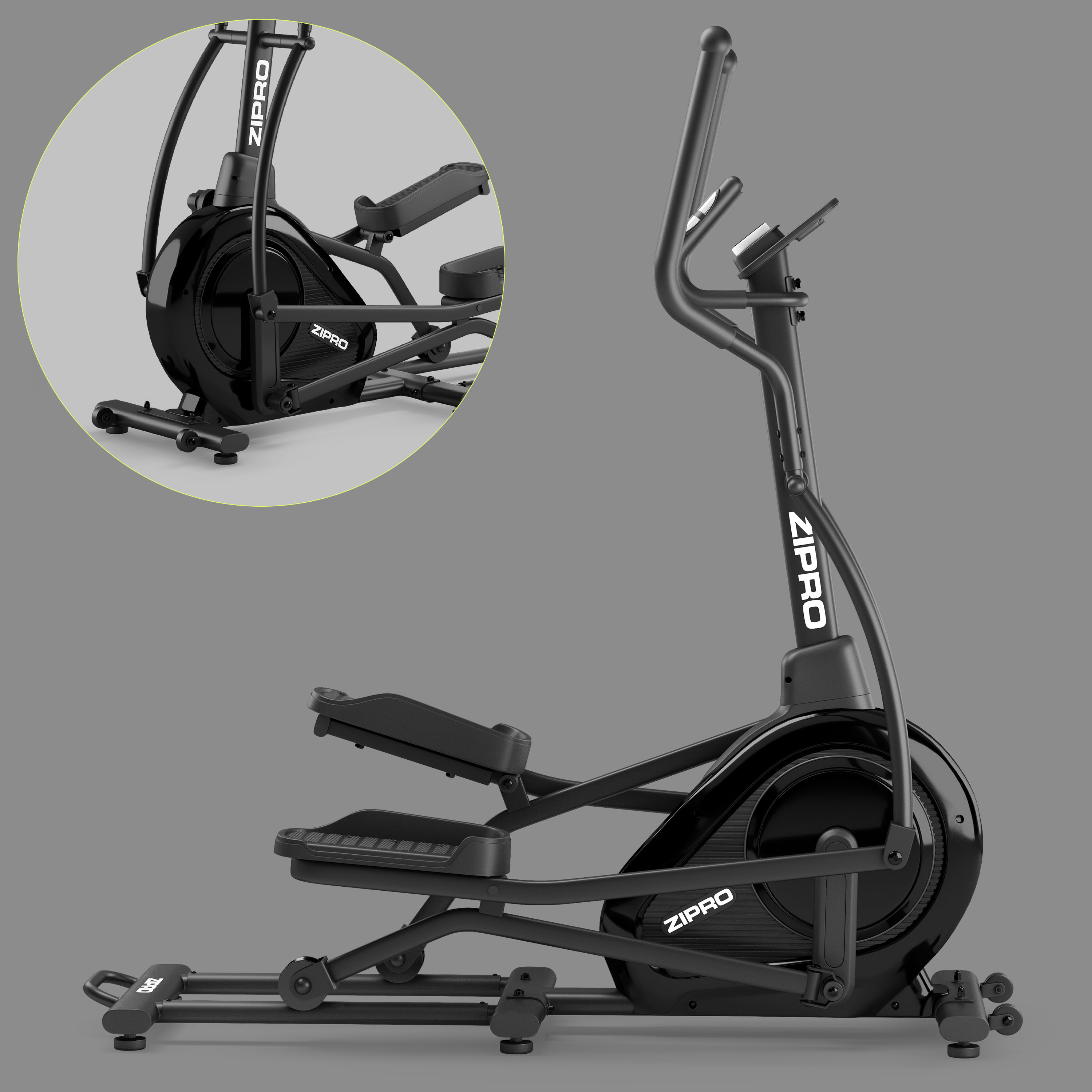 Un entrenador elíptico Zipro negro está colocado sobre un fondo gris. Se muestra una vista lateral.