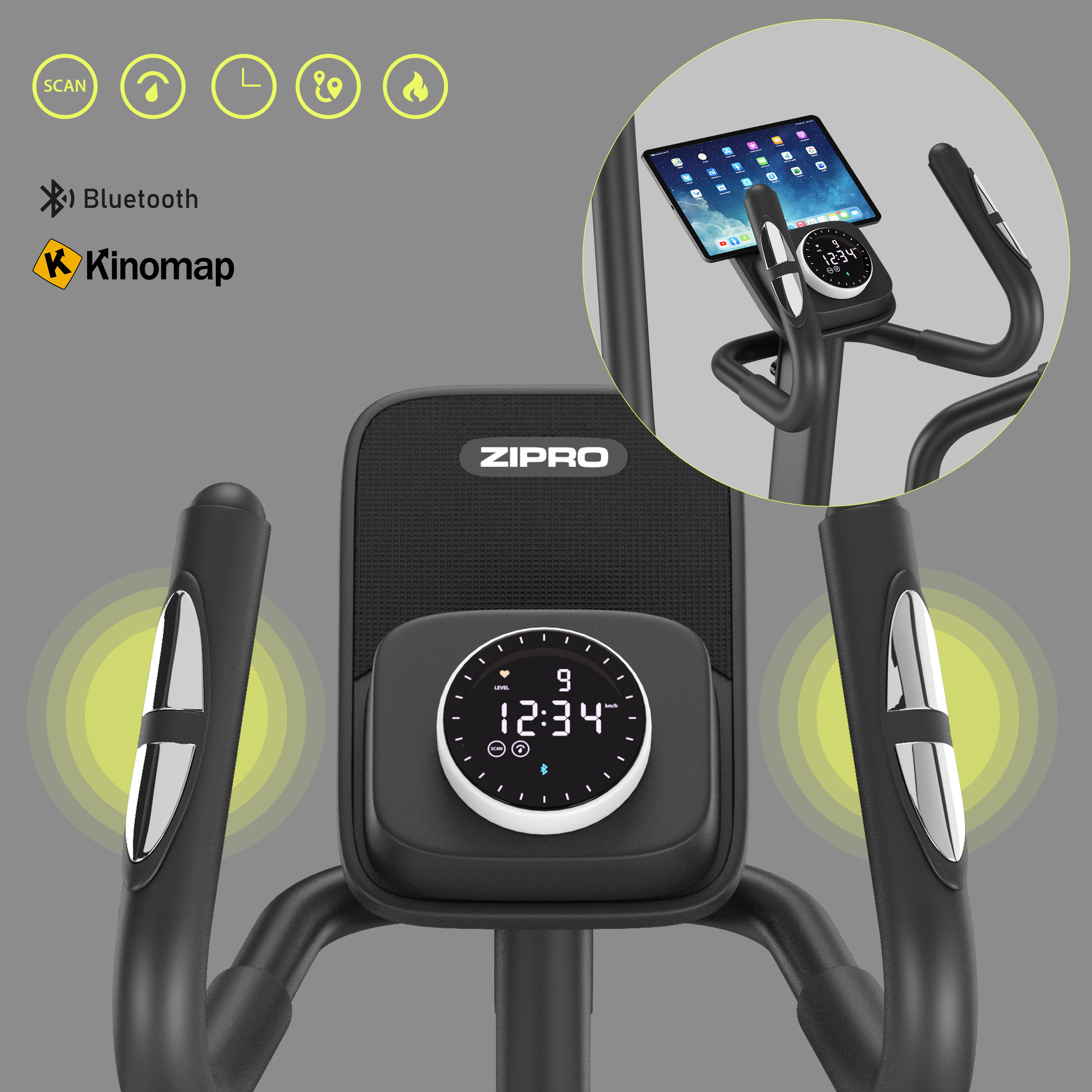 Primer plano de una consola negra de entrenador elíptico Zipro con pantalla, íconos y empuñaduras.