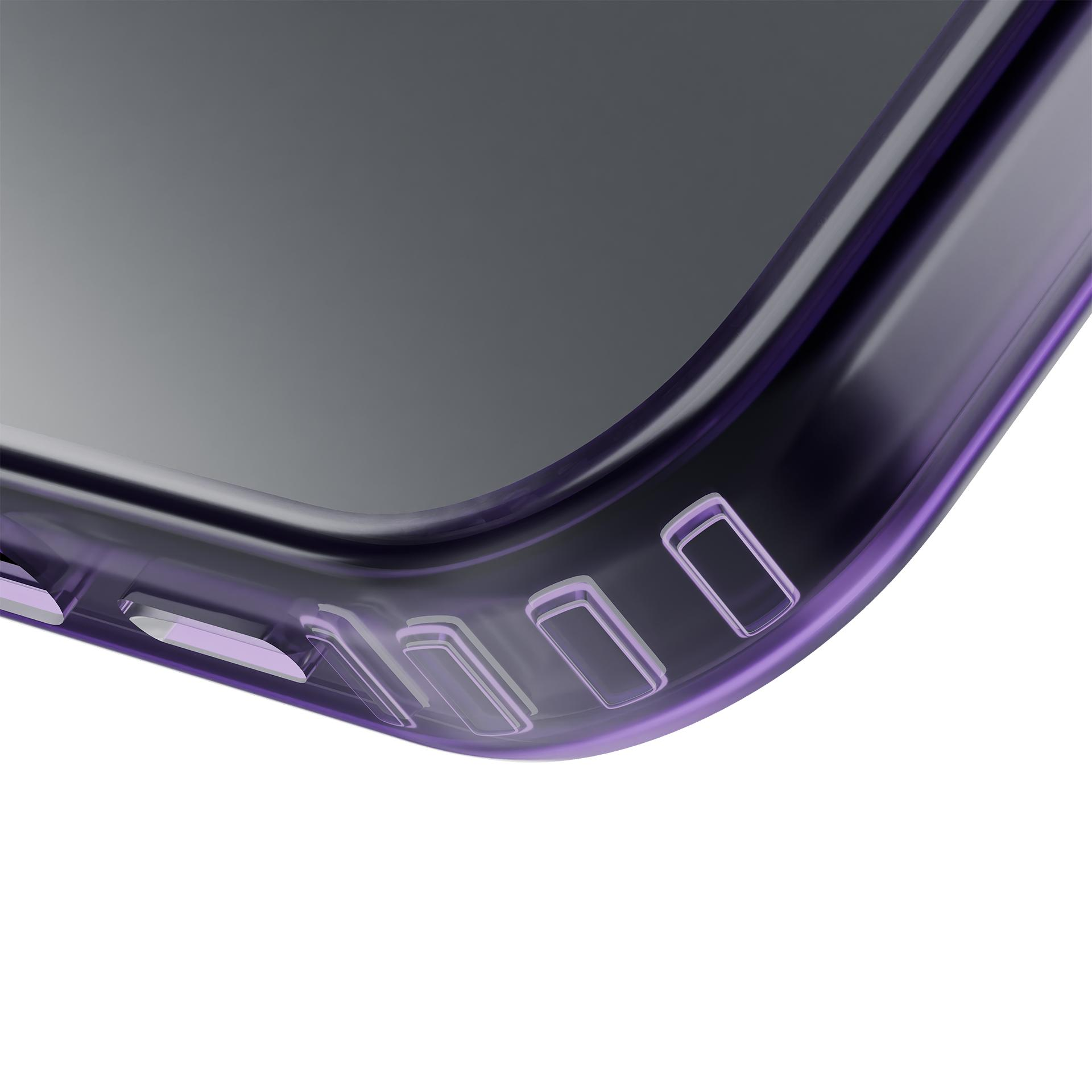 Primo piano di una custodia viola per telefono. La custodia ha pulsanti visibili sul lato.