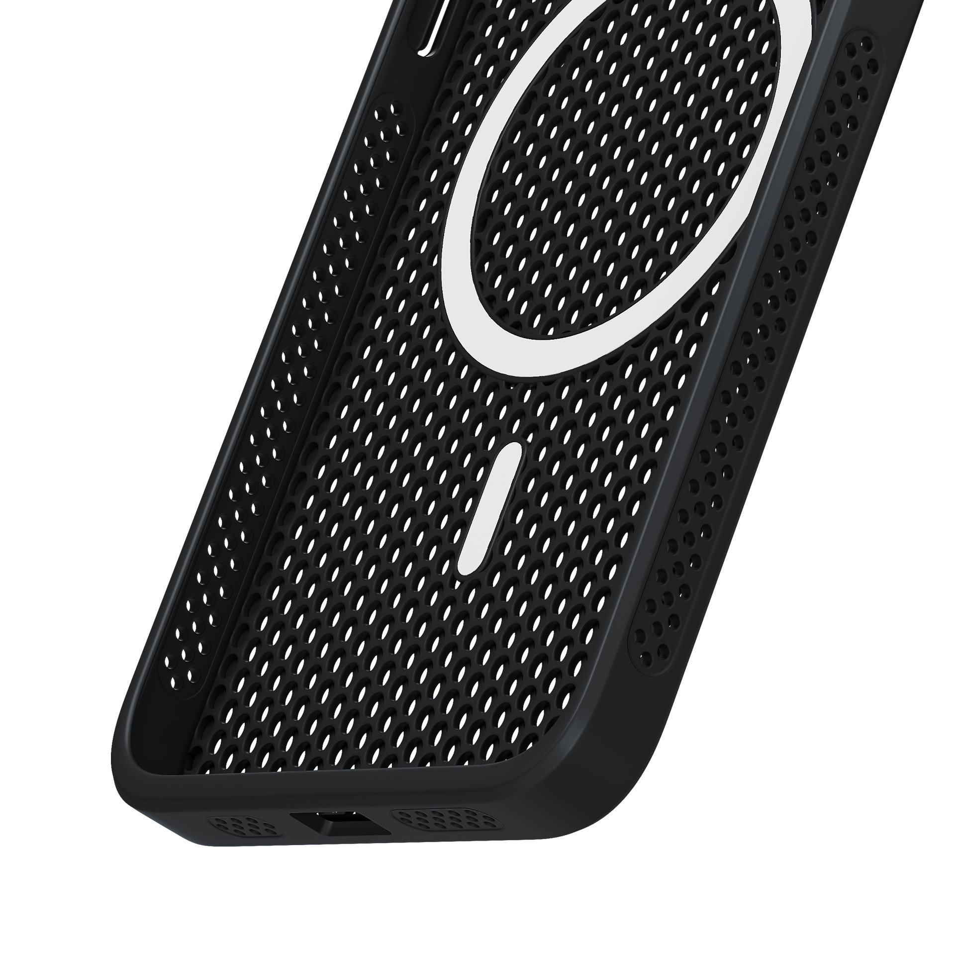 Zbliżenie czarnego etui na telefon z perforowanym wzorem. Widoczny biały okrąg i biały pasek.