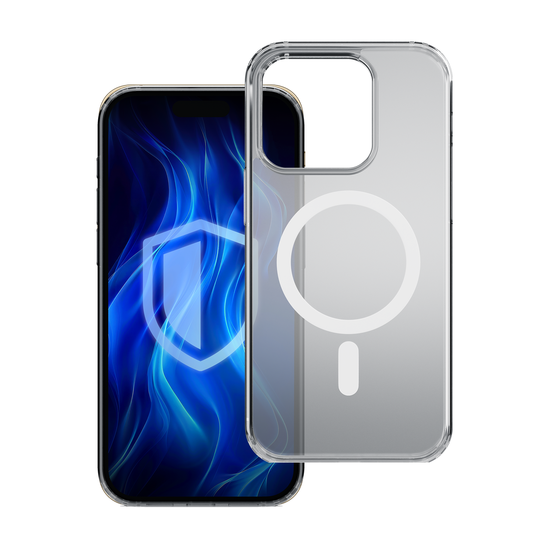 Przezroczyste etui na telefonie z niebieską tarczą.