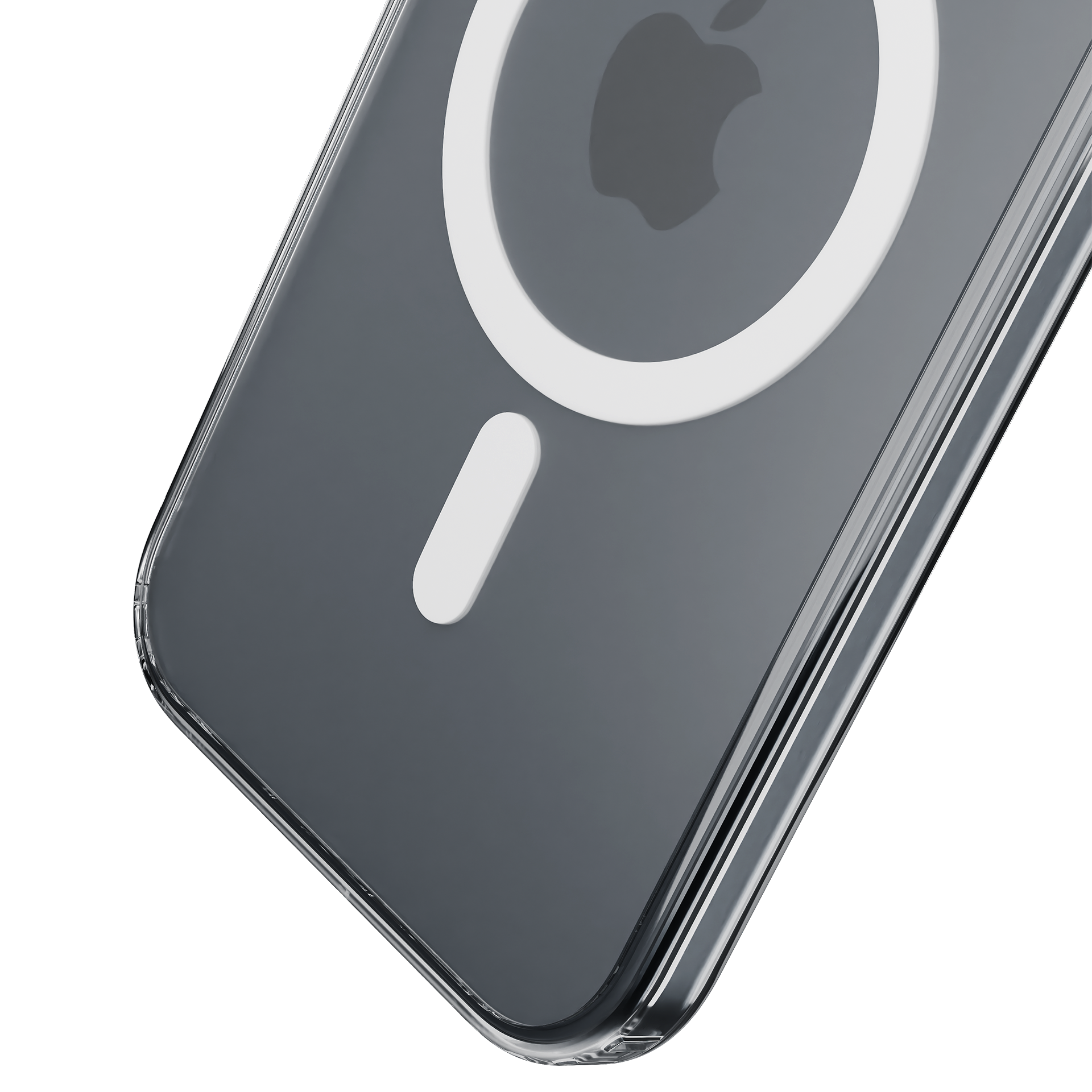 Zbliżenie przezroczystego etui na telefon z białym okręgiem.