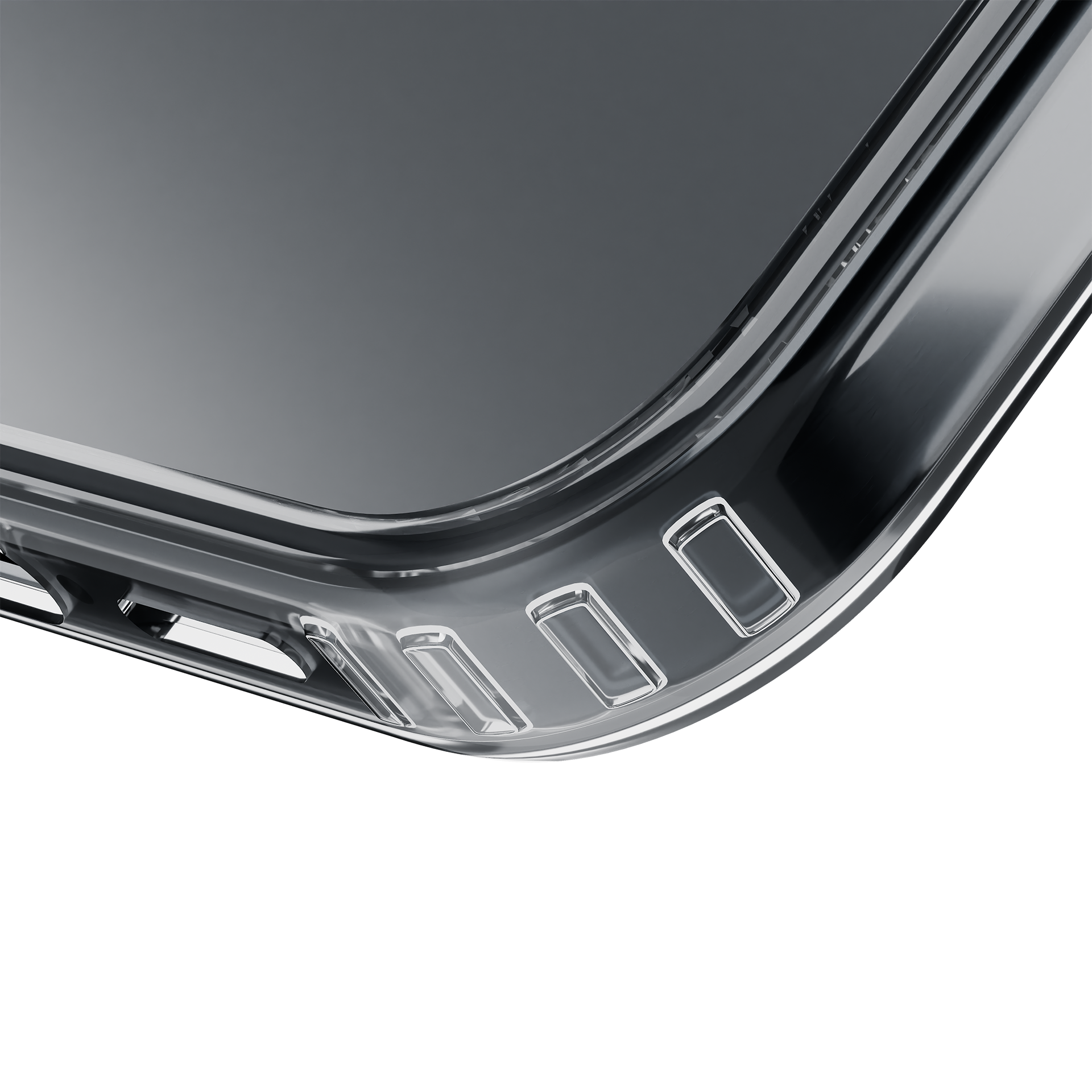 Zbliżenie rogu przezroczystego etui na telefon.