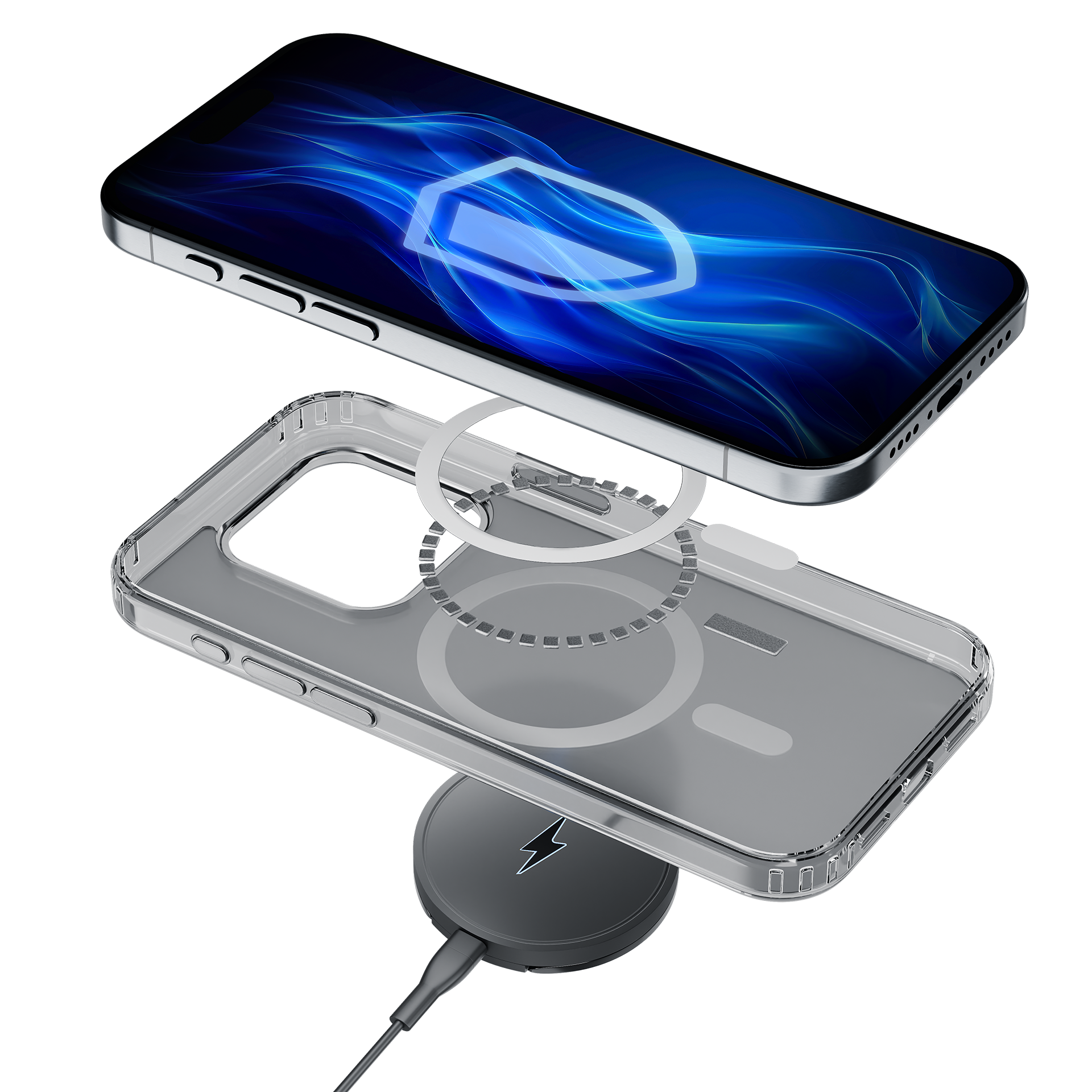 Widok rozłożony pokazujący telefon, przezroczyste etui i ładowarkę bezprzewodową. Etui ma białe koło i szczegół paska.